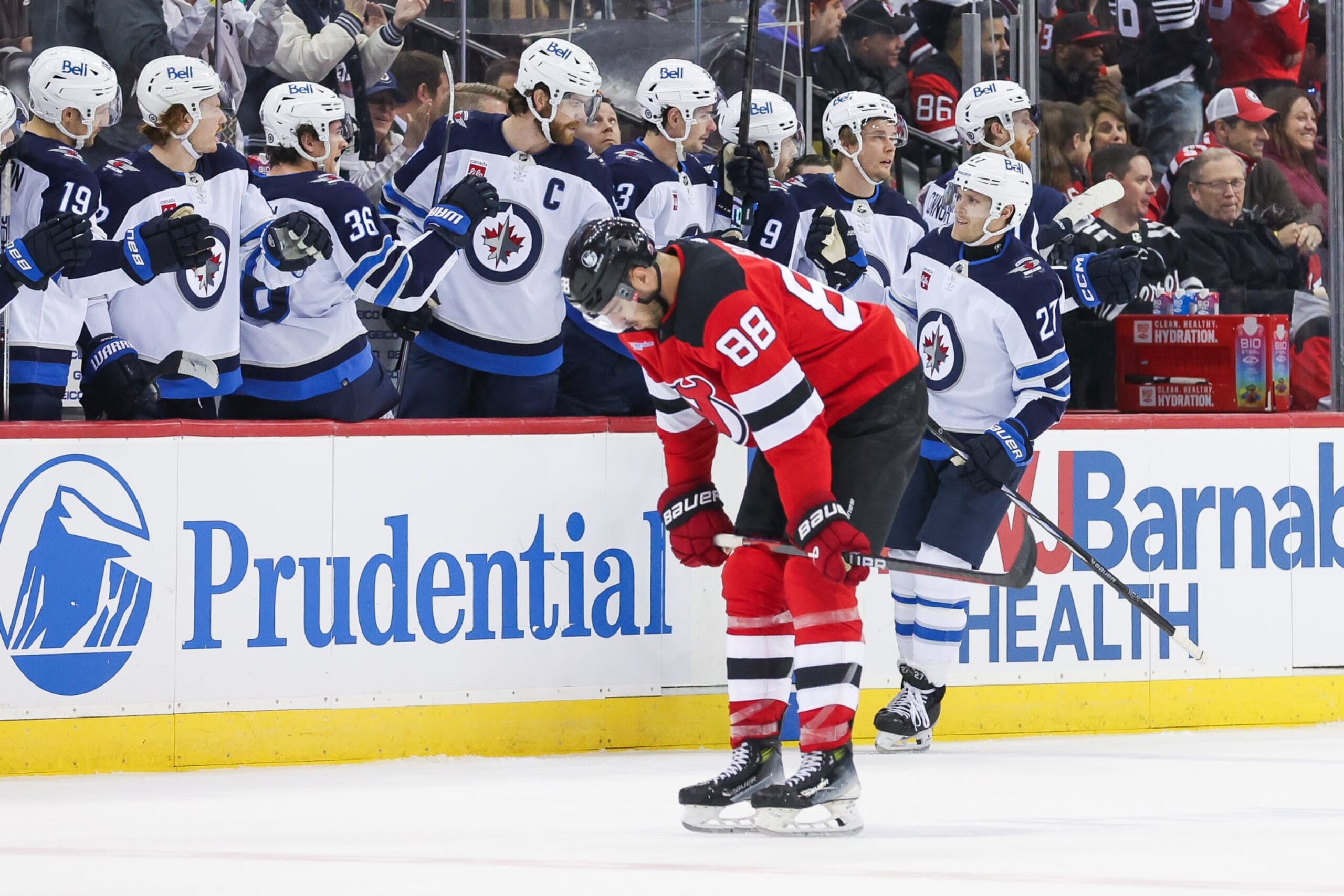 NEWARK, NJ - MARCH 21: Winnipeg Jets left wing Nikolaj Ehlers (27) celebrates after scoring a goal during a game between the Winnipeg Jets and New Jersey Devils on March 21, 2024 at Prudential Center in the Newark, New Jersey. (Photo by Andrew Mordzynski/Icon Sportswire via Getty Images)