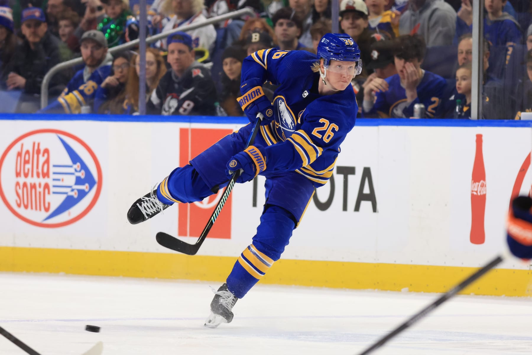 BUFFALO, NEW YORK - MARCH 14: Rasmus Dahlin #26 of the Buffalo Sabres passes the puck during an NHL game against the New York Islanders at KeyBank Center on March 14, 2024 in Buffalo, New York. (Photo by Bill Wippert/NHLI via Getty Images) BUFFALO, NEW YORK - MARCH 14: Rasmus Dahlin #26 of the Buffalo Sabres passes the puck during an NHL game against the New York Islanders at KeyBank Center on March 14, 2024 in Buffalo, New York. (Photo by Bill Wippert/NHLI via Getty Images)