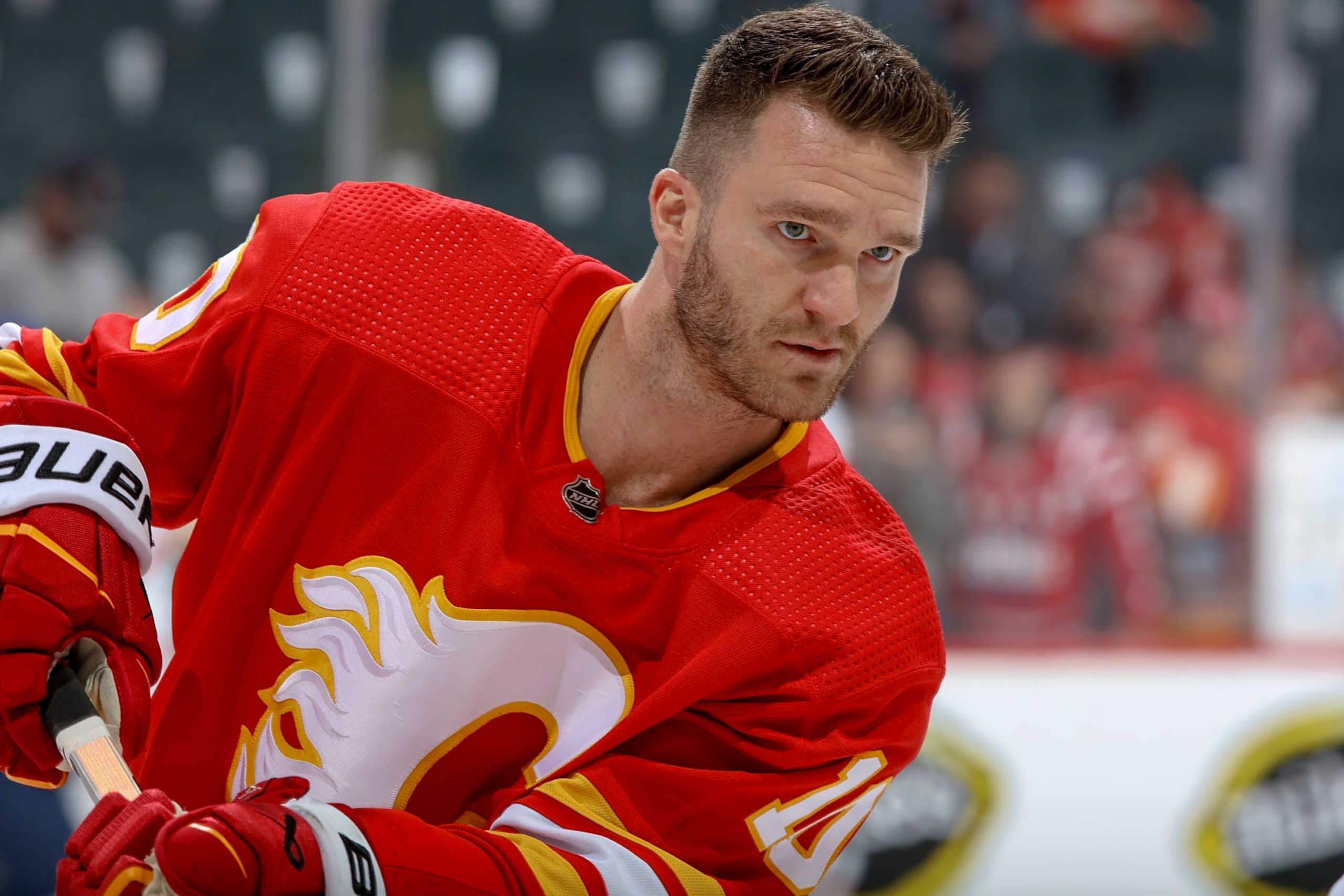 CALGARY, AB - MARCH 18: Jonathan Huberdeau #10 of the Calgary Flames skates during warmup prior to the game against the Washington Capitals at Scotiabank Saddledome on March 18, 2024 in Calgary, Alberta, Canada. (Photo by Gerry Thomas/NHLI via Getty Images)