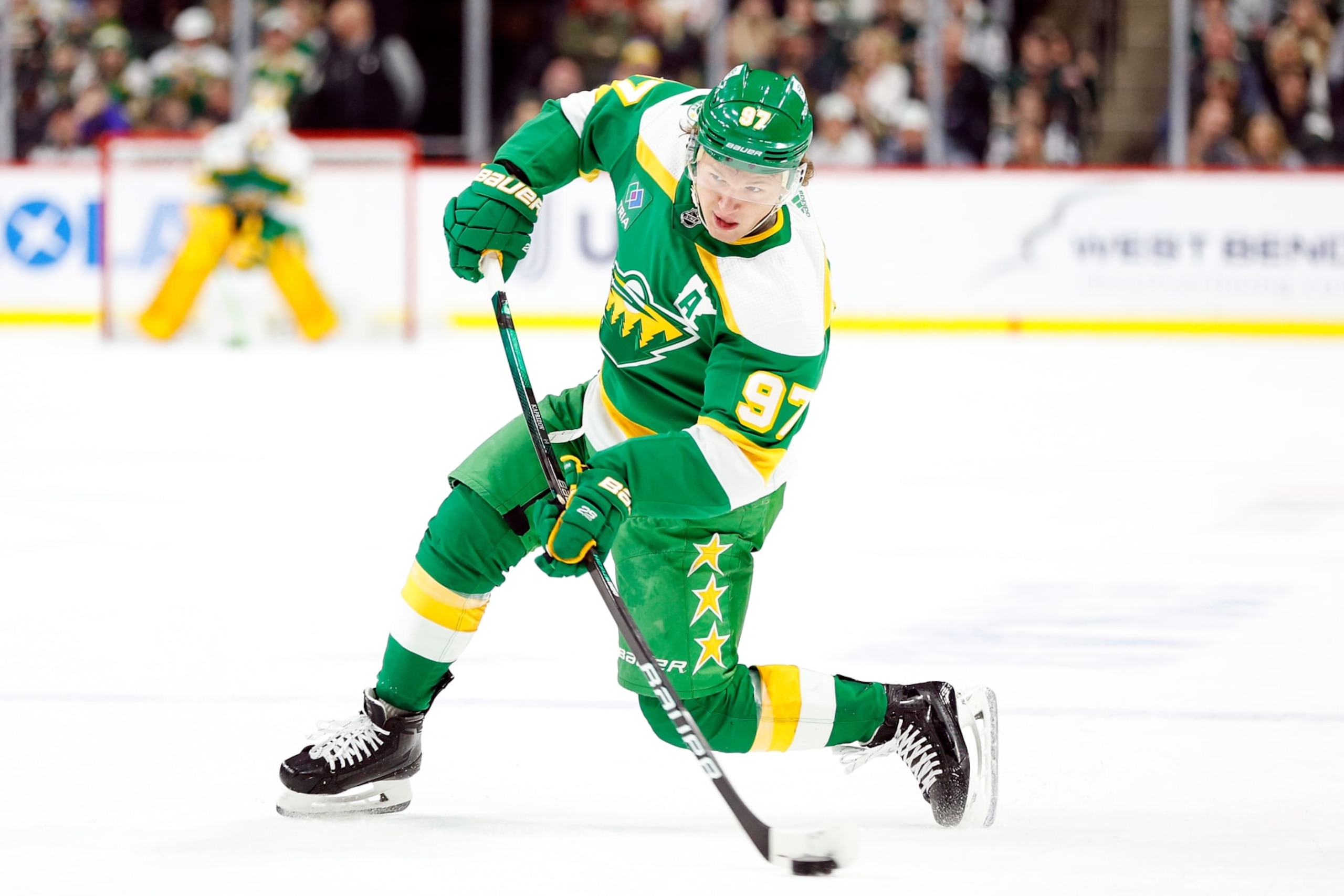 ST PAUL, MINNESOTA - MARCH 23: Kirill Kaprizov #97 of the Minnesota Wild shoots the puck against the St. Louis Blues in the second period at Xcel Energy Center on March 23, 2024 in St Paul, Minnesota. (Photo by David Berding/Getty Images)