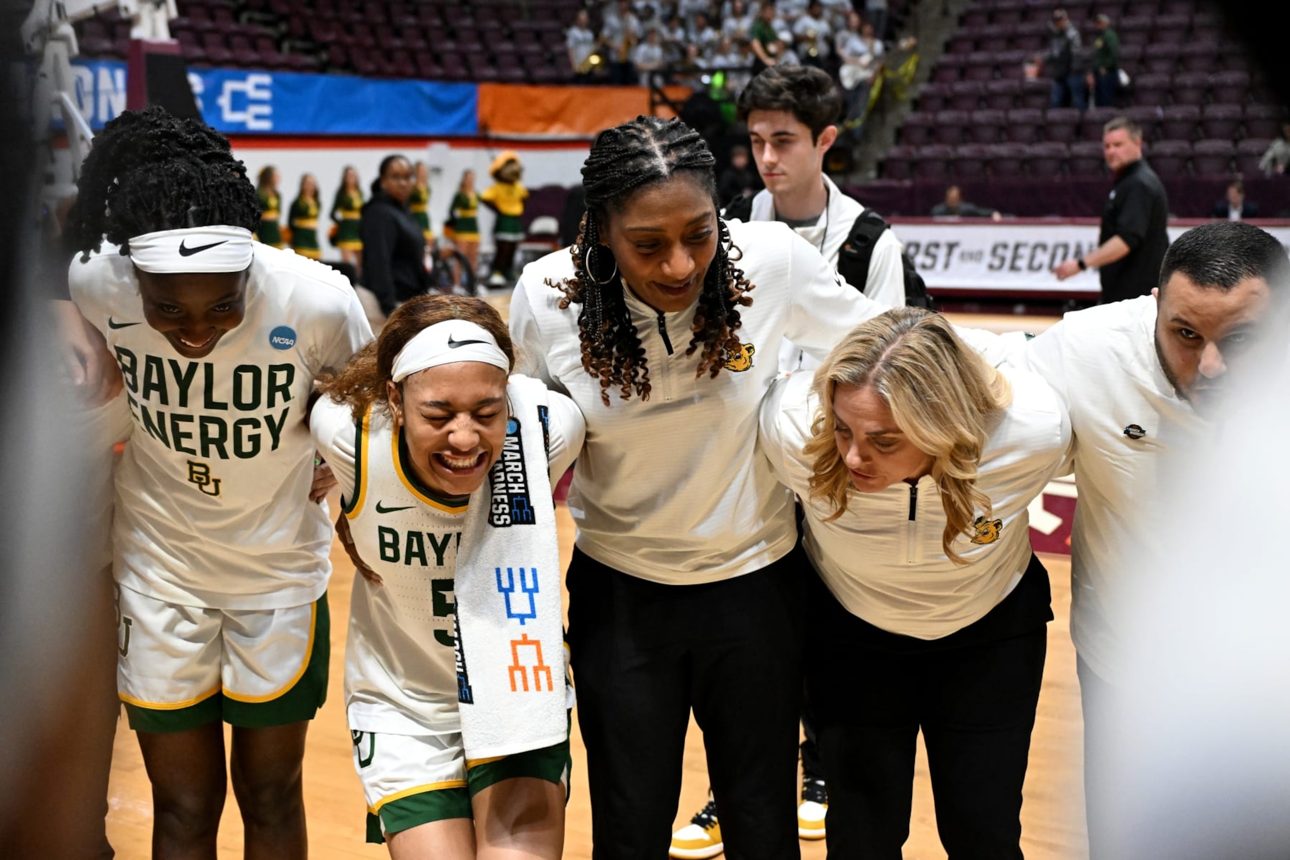 BLACKSBURG, VIRGINIA - MARCH 22: Members of the Baylor Lady Bears embrace after defeating the Vanderbilt Commodores 80-63 during the first round of the 2024 NCAA Women's Basketball Tournament held at Cassell Coliseum on March 22, 2024 in Blacksburg, Virginia. (Photo by Greg Fiume/NCAA Photos via Getty Images)
