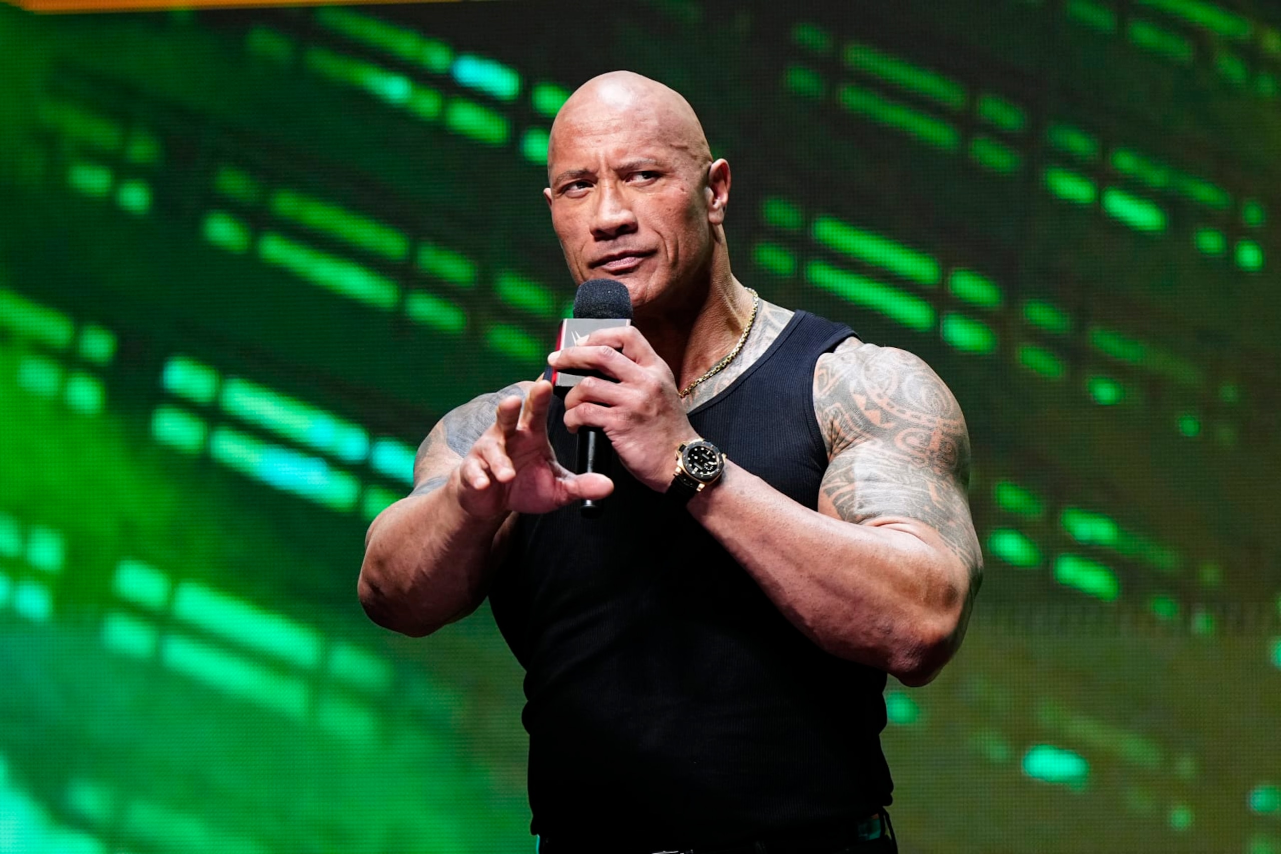 LAS VEGAS, NV - FEBRUARY 08:  Dwayne "The Rock" Johnson, Ten-Time WWE World Champion during the WWE Wrestlemania XL Kickoff on February 08, 2024, at T-Mobile Arena in Las Vegas, NV. (Photo by Louis Grasse/PXimages/Icon Sportswire via Getty Images)