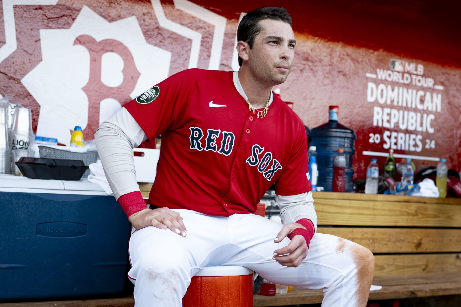 SANTO DOMNDO, DOMINICAN REPUBLIC - MARCH 10: Triston Casas #36 of the Boston Red Sox sits in the dugout during the 2024 Dominican Republic Series game against the Tampa Bay Rays as part of the MLB World Tour at Estadio Quisqueya on March 10, 2024 in Santo Domingo, Dominican Republic. (Photo by Maddie Malhotra/Boston Red Sox/Getty Images)