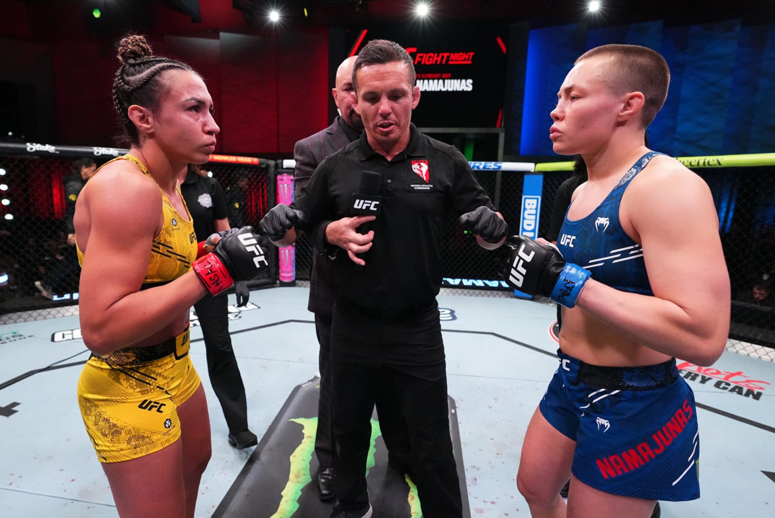 Amanda Ribas (left) and Rose Namajunas face off 