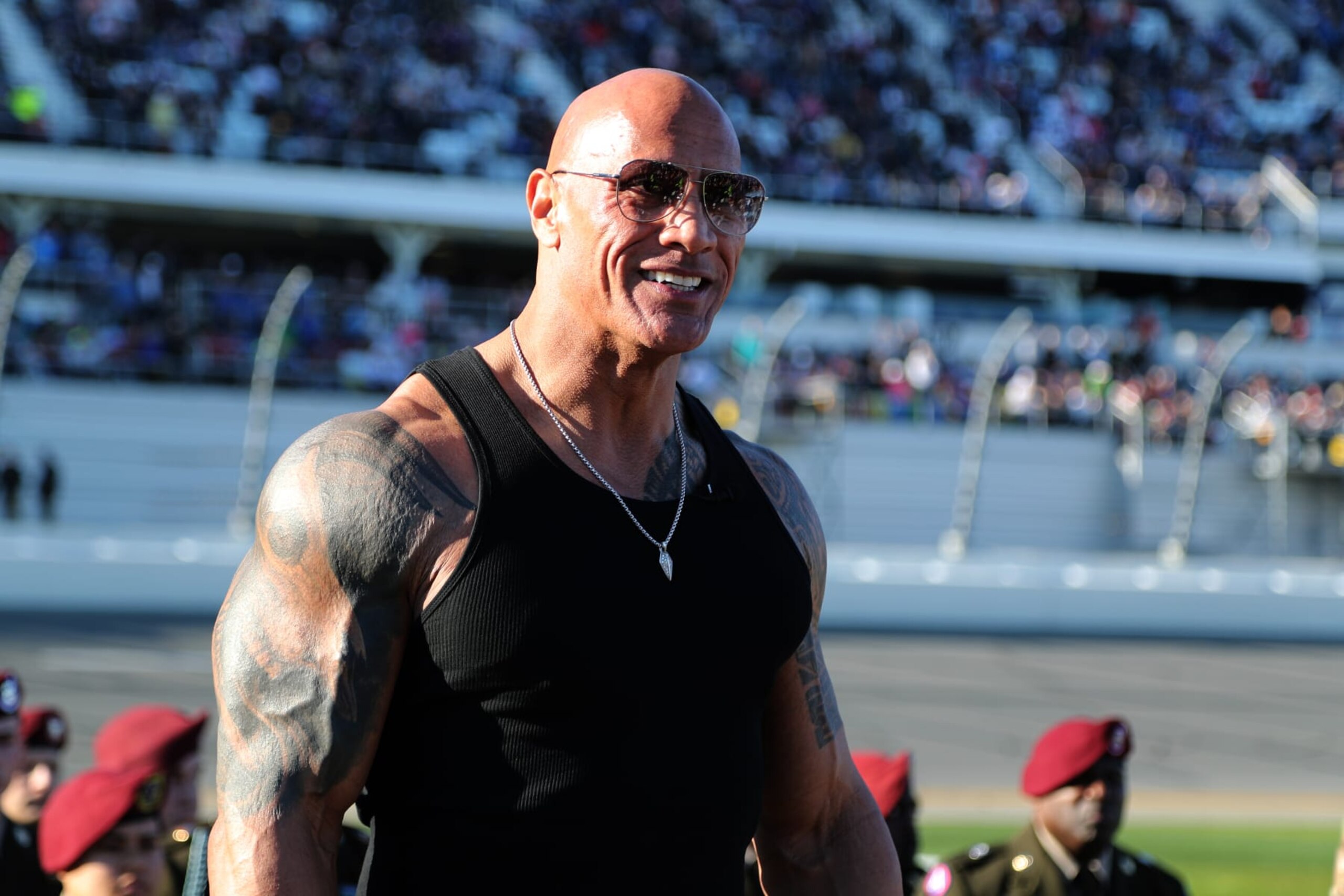 DAYTONA, FL - FEBRUARY 19: The Grand Marshall Dwayne The Rock Johnson prepares to give the command to start the engines prior to the running of the NASCAR Cup Series Daytona 500 on February 19, 2024 at Daytona International Speedway in Daytona Beach, FL. (Photo by Jeff Robinson/Icon Sportswire via Getty Images)