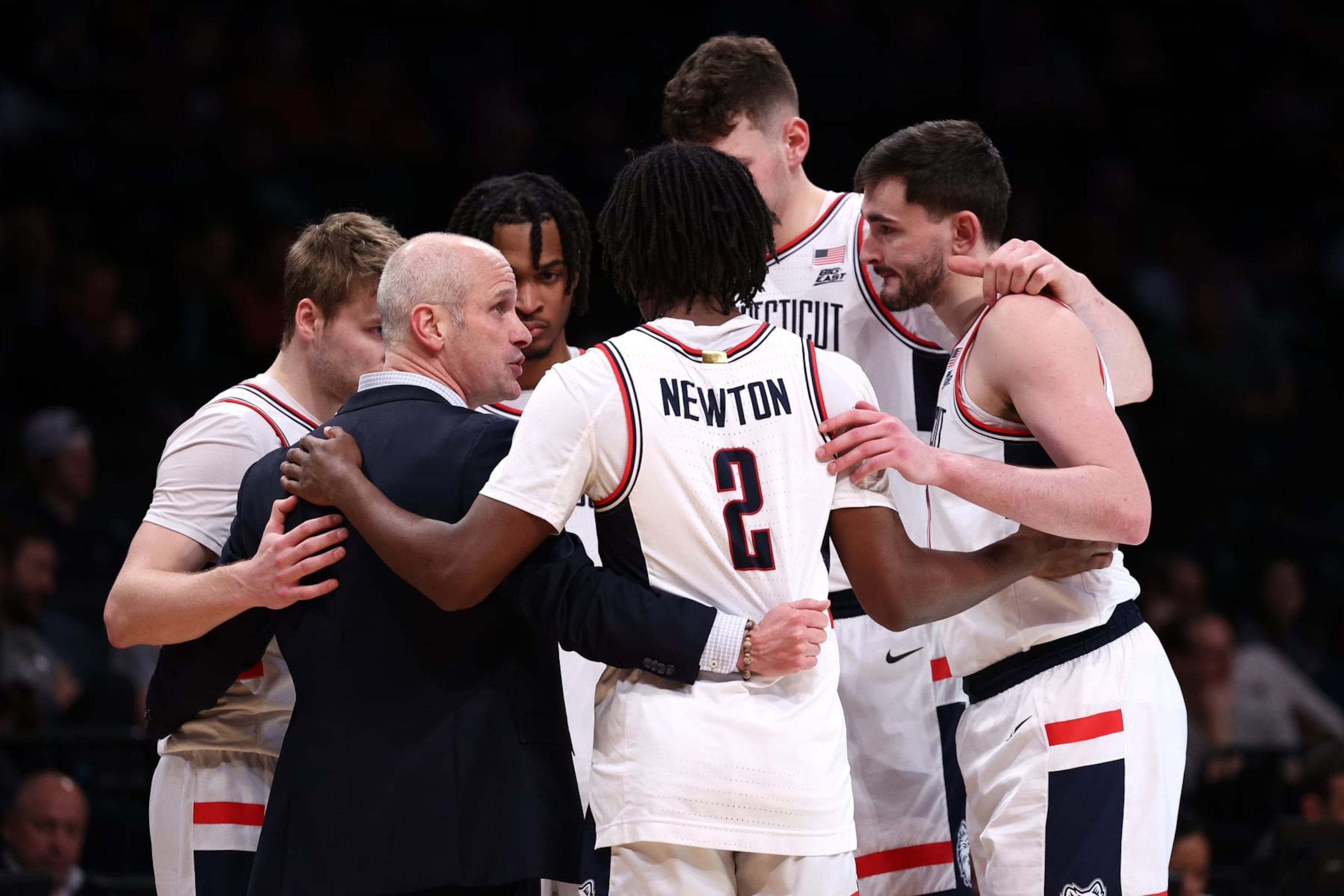 NEW YORK, NEW YORK - MARCH 22: head coach Dan Hurley of the Connecticut Huskies speaks to his team at the start of the second half against the Stetson Hatters in the first round of the NCAA Men's Basketball Tournament at Barclays Center on March 22, 2024 in New York City. (Photo by Elsa/Getty Images) NEW YORK, NEW YORK - MARCH 22: head coach Dan Hurley of the Connecticut Huskies speaks to his team at the start of the second half against the Stetson Hatters in the first round of the NCAA Men's Basketball Tournament at Barclays Center on March 22, 2024 in New York City. (Photo by Elsa/Getty Images)