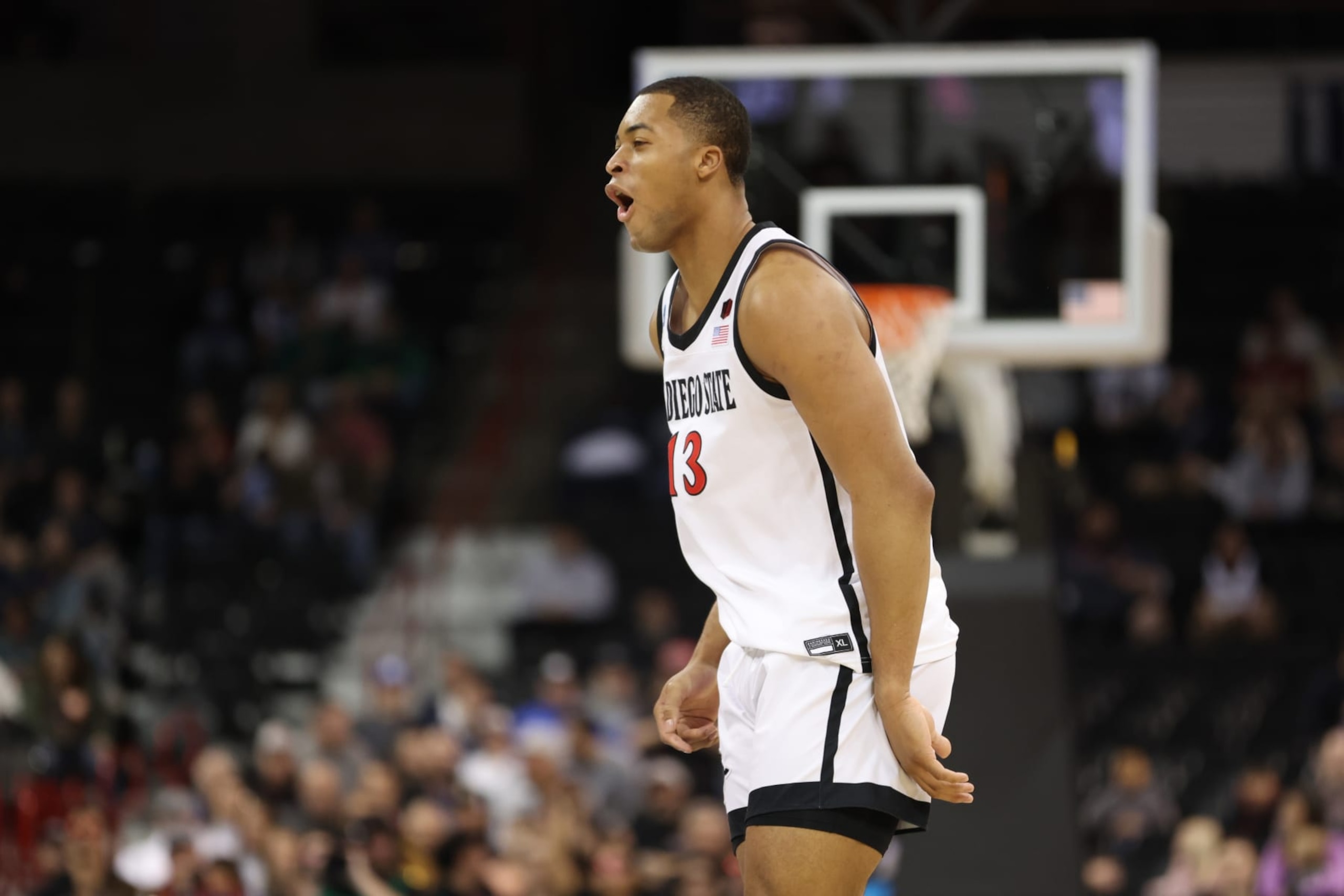 SPOKANE, WASHINGTON - MARCH 22: Jaedon LeDee #13 of the San Diego State Aztecs reacts during the first half against the UAB Blazers in the first round of the NCAA Men's Basketball Tournament at Spokane Veterans Memorial Arena on March 22, 2024 in Spokane, Washington. (Photo by Steph Chambers/Getty Images) SPOKANE, WASHINGTON - MARCH 22: Jaedon LeDee #13 of the San Diego State Aztecs reacts during the first half against the UAB Blazers in the first round of the NCAA Men's Basketball Tournament at Spokane Veterans Memorial Arena on March 22, 2024 in Spokane, Washington. (Photo by Steph Chambers/Getty Images)