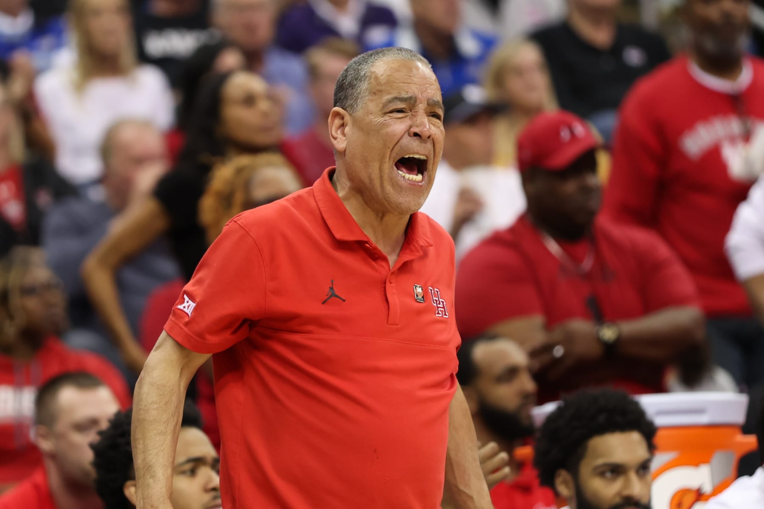 KANSAS CITY, MO - MARCH 16: Houston Cougars head coach Kelvin Sampson yells in the second half of the Big 12 tournament final between the Iowa State Cyclones and Houston Cougars on Mar 16, 2024 at T-Mobile Center in Kansas City, MO. (Photo by Scott Winters/Icon Sportswire via Getty Images)
