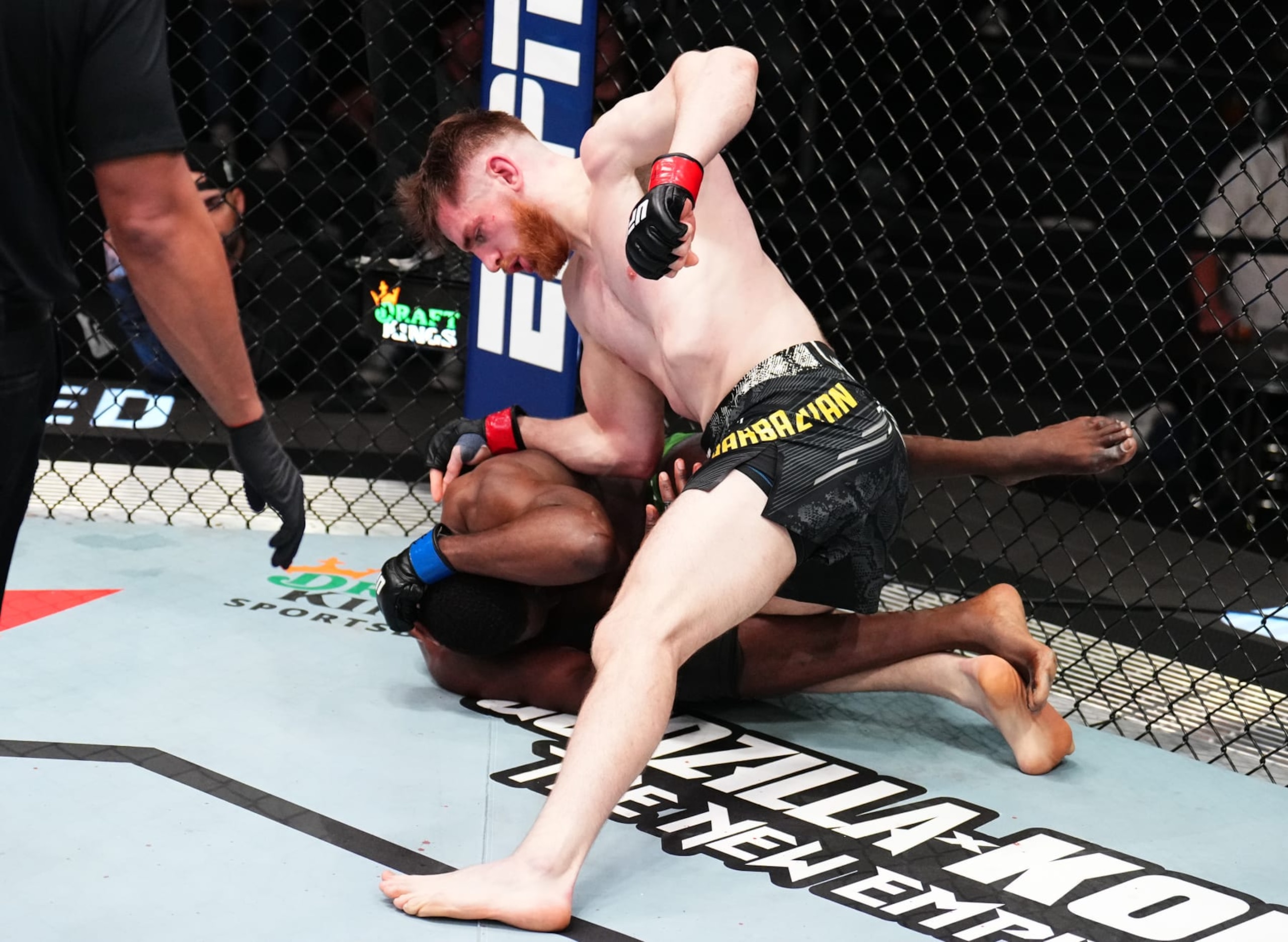 LAS VEGAS, NEVADA - MARCH 23: (R-L) Edmen Shahbazyan punches AJ Dobson in a middleweight fight during the UFC Fight Night event at UFC APEX on March 23, 2024 in Las Vegas, Nevada. (Photo by Chris Unger/Zuffa LLC via Getty Images)