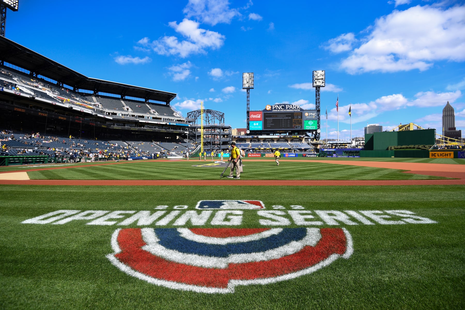 PITTSBURGH, PA - APRIL 12: A general view of the Opening Series logo before the game between the Chicago Cubs and the Pittsburgh Pirates at PNC Park on Tuesday, April 12, 2022 in Pittsburgh, Pennsylvania. (Photo by Joe Sargent/MLB Photos via Getty Images)