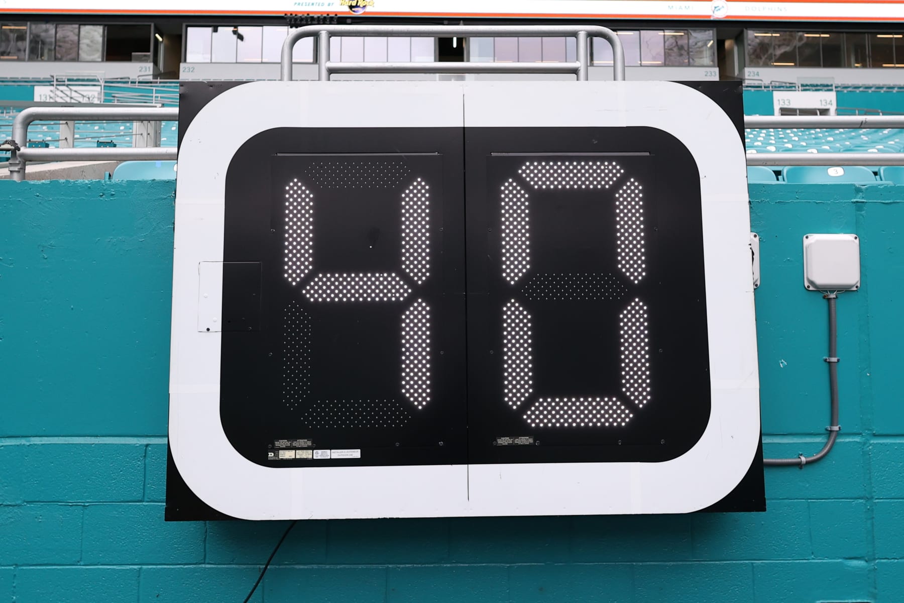 MIAMI GARDENS, FL - JANUARY 9: A close up of a game clock prior to a game between the Miami Dolphins and the New England Patriots at Hard Rock Stadium on January 9, 2022 in Miami Gardens, Florida. (Photo by Perry Knotts/Getty Images)