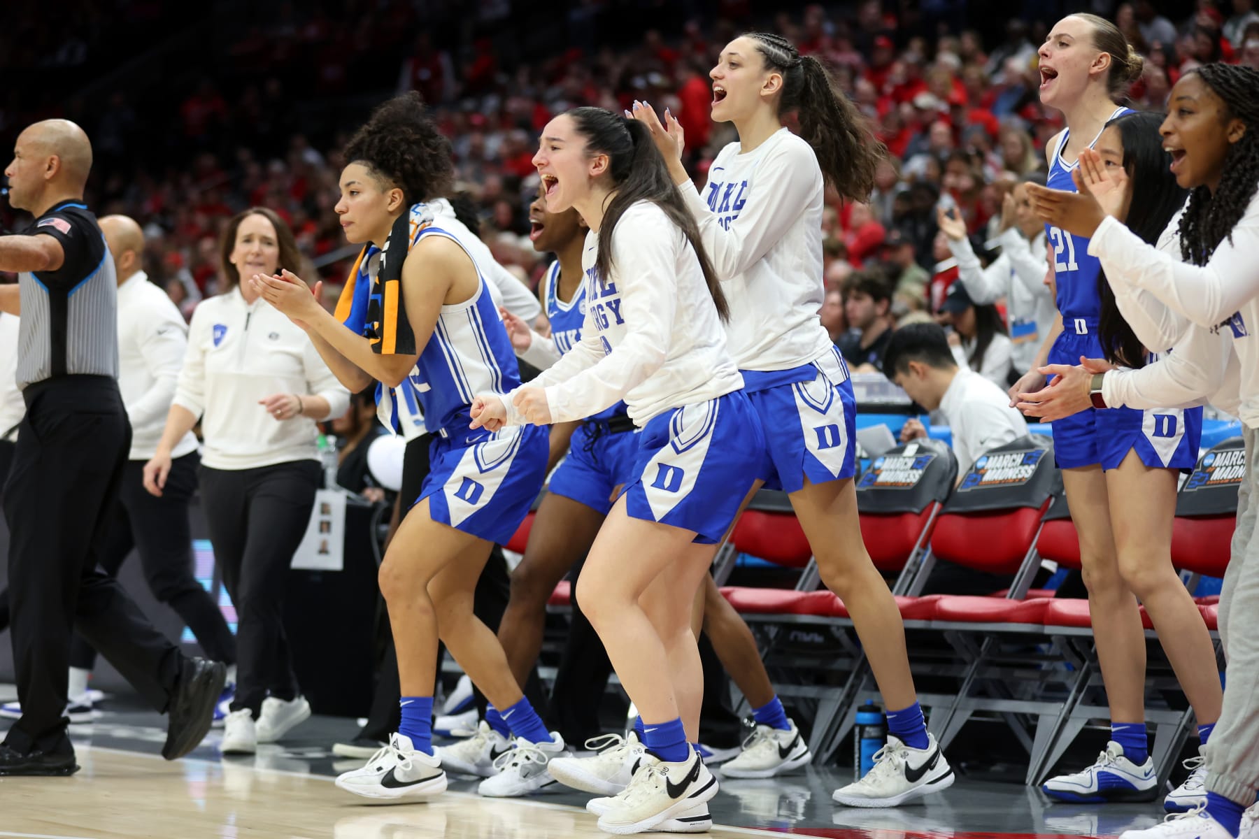 COLUMBUS, OHIO - MARCH 24: The Duke Blue Devils bench celebrates during the second round of the 2024 NCAA Women's Basketball Tournament against the Ohio State Buckeyes held at Jerome Schottenstein Center on March 24, 2024 in Columbus, Ohio. (Photo by Ron Schwane/NCAA Photos via Getty Images)