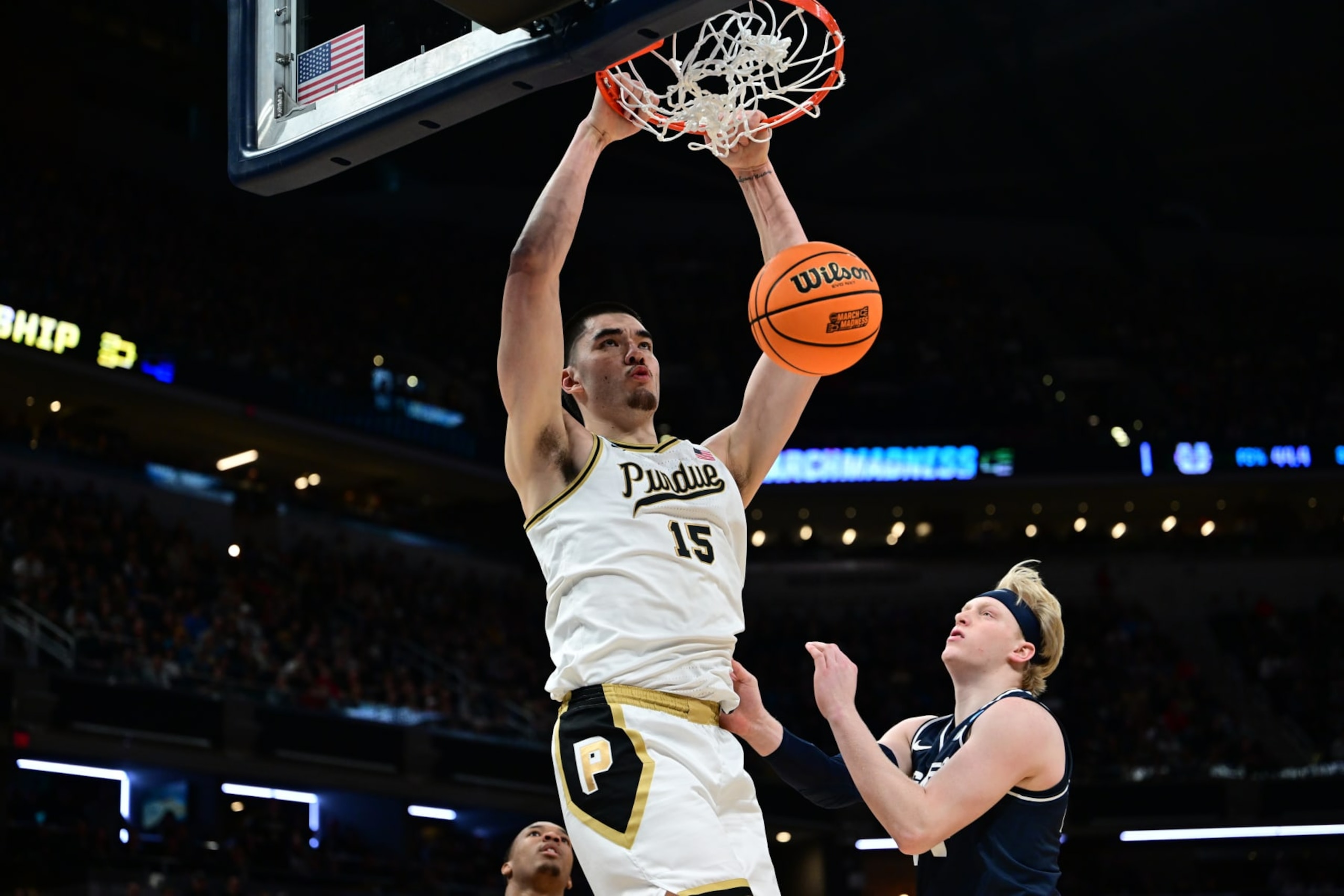 INDIANAPOLIS, INDIANA - MARCH 24: Zach Edey #15 of the Purdue Boilermakers dunks the ball against the Utah State Aggies during the second round of the 2024 NCAA Men's Basketball Tournament held at Gainbridge Fieldhouse on March 24, 2024 in Indianapolis, Indiana. (Photo by Ben Solomon/NCAA Photos via Getty Images) INDIANAPOLIS, INDIANA - MARCH 24: Zach Edey #15 of the Purdue Boilermakers dunks the ball against the Utah State Aggies during the second round of the 2024 NCAA Men's Basketball Tournament held at Gainbridge Fieldhouse on March 24, 2024 in Indianapolis, Indiana. (Photo by Ben Solomon/NCAA Photos via Getty Images)