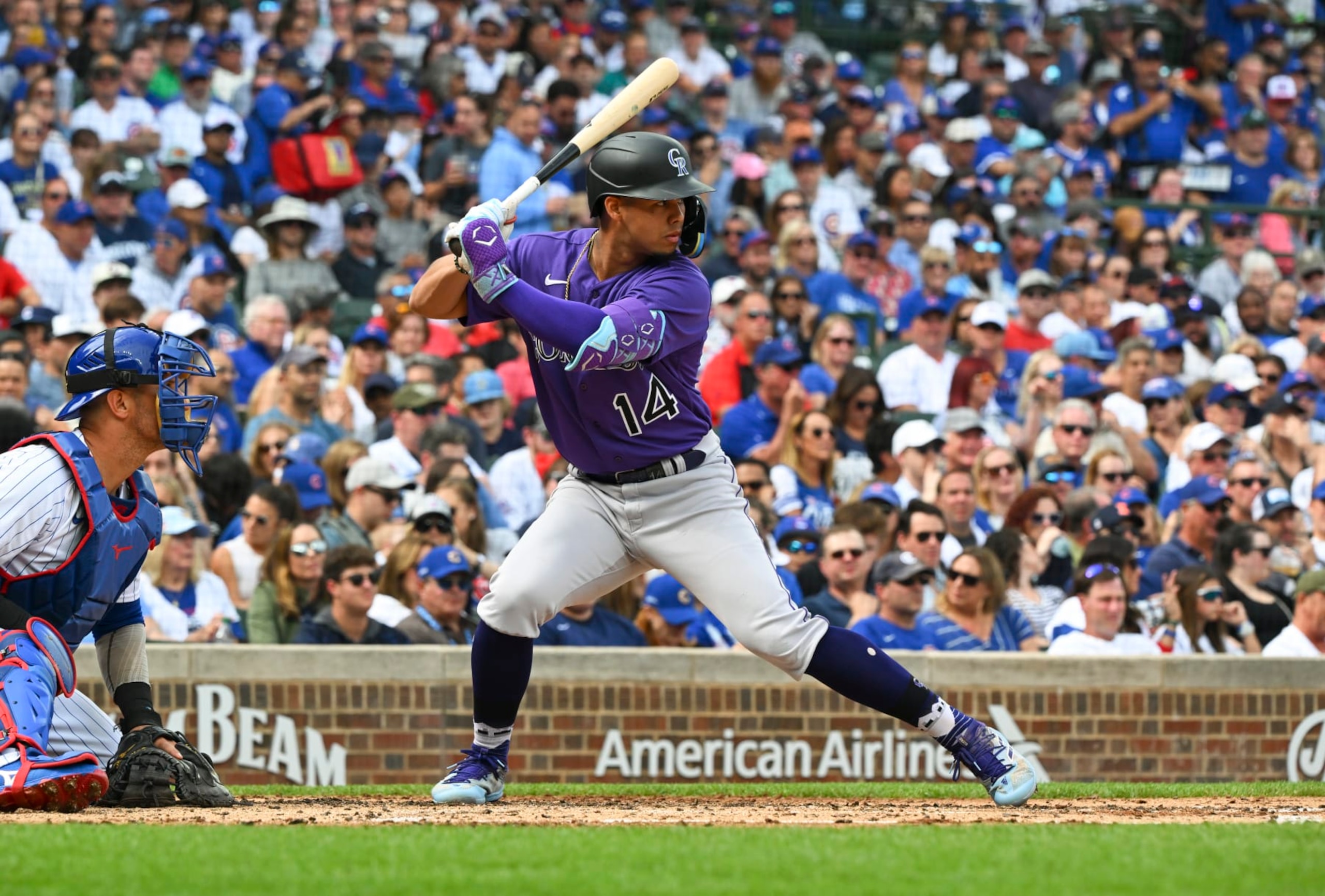 CHICAGO, ILLINOIS - SEPTEMBER 24: Ezequiel Tovar #14 of the Colorado Rockies bats against the Chicago Cubs at Wrigley Field on September 24, 2023 in Chicago, Illinois. (Photo by Nuccio DiNuzzo/Getty Images)