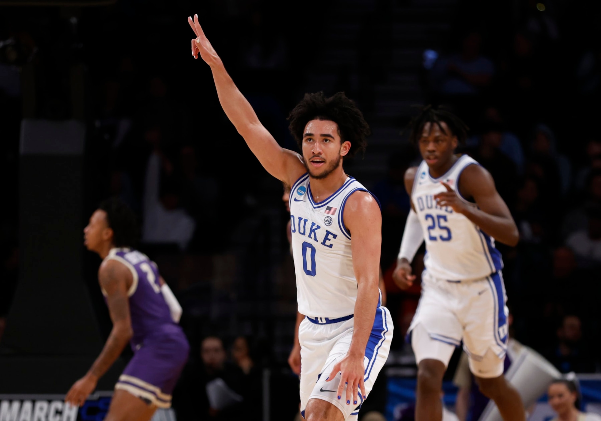 NEW YORK, NEW YORK - MARCH 24: Jared McCain #0 of the Duke Blue Devils reacts during the first half against the James Madison Dukes in the second round of the NCAA Men's Basketball Tournament at Barclays Center on March 24, 2024 in New York City. (Photo by Sarah Stier/Getty Images) NEW YORK, NEW YORK - MARCH 24: Jared McCain #0 of the Duke Blue Devils reacts during the first half against the James Madison Dukes in the second round of the NCAA Men's Basketball Tournament at Barclays Center on March 24, 2024 in New York City. (Photo by Sarah Stier/Getty Images)
