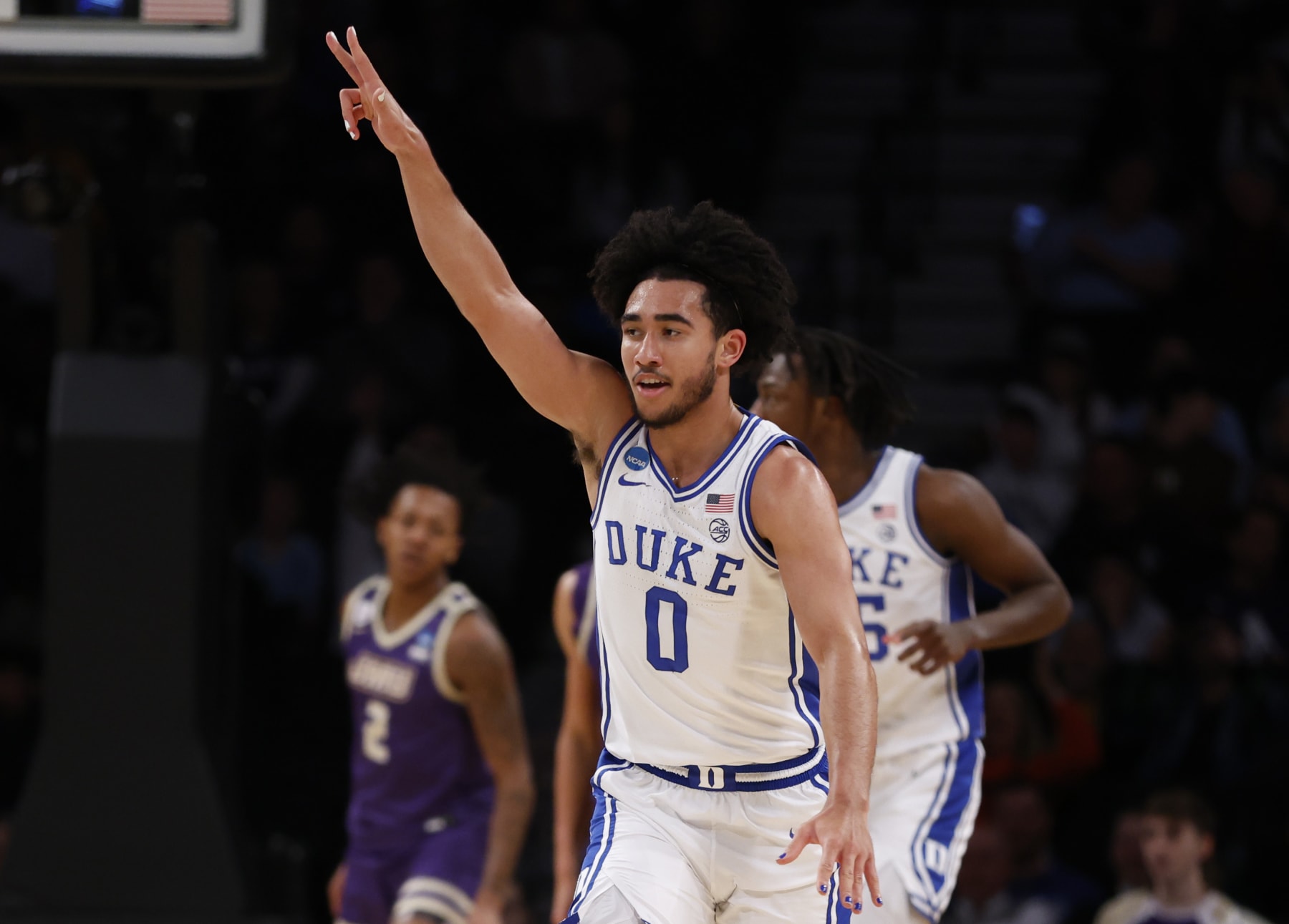 NEW YORK, NEW YORK - MARCH 24: Jared McCain #0 of the Duke Blue Devils reacts during the first half against the James Madison Dukes in the second round of the NCAA Men's Basketball Tournament at Barclays Center on March 24, 2024 in New York City. (Photo by Sarah Stier/Getty Images)