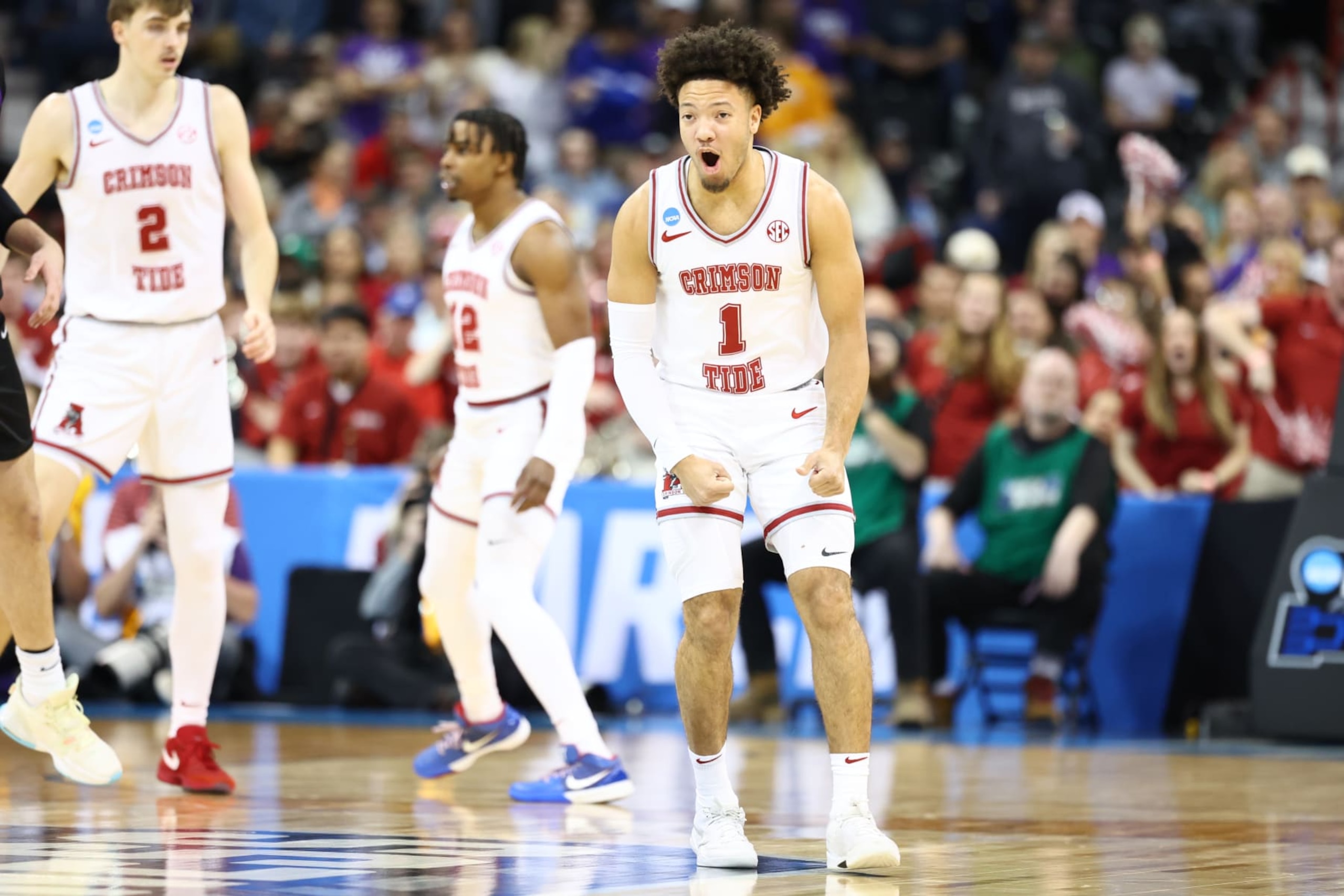 SPOKANE, WASHINGTON - MARCH 24: Mark Sears #1 of the Alabama Crimson Tide celebrates after a made basket against Grand Canyon Antelopes during the second round of the 2024 NCAA Men's Basketball Tournament held at Spokane Veterans Memorial Arena on March 24, 2024 in Spokane, Washington. (Photo by C. Morgan Engel/NCAA Photos via Getty Images) SPOKANE, WASHINGTON - MARCH 24: Mark Sears #1 of the Alabama Crimson Tide celebrates after a made basket against Grand Canyon Antelopes during the second round of the 2024 NCAA Men's Basketball Tournament held at Spokane Veterans Memorial Arena on March 24, 2024 in Spokane, Washington. (Photo by C. Morgan Engel/NCAA Photos via Getty Images)