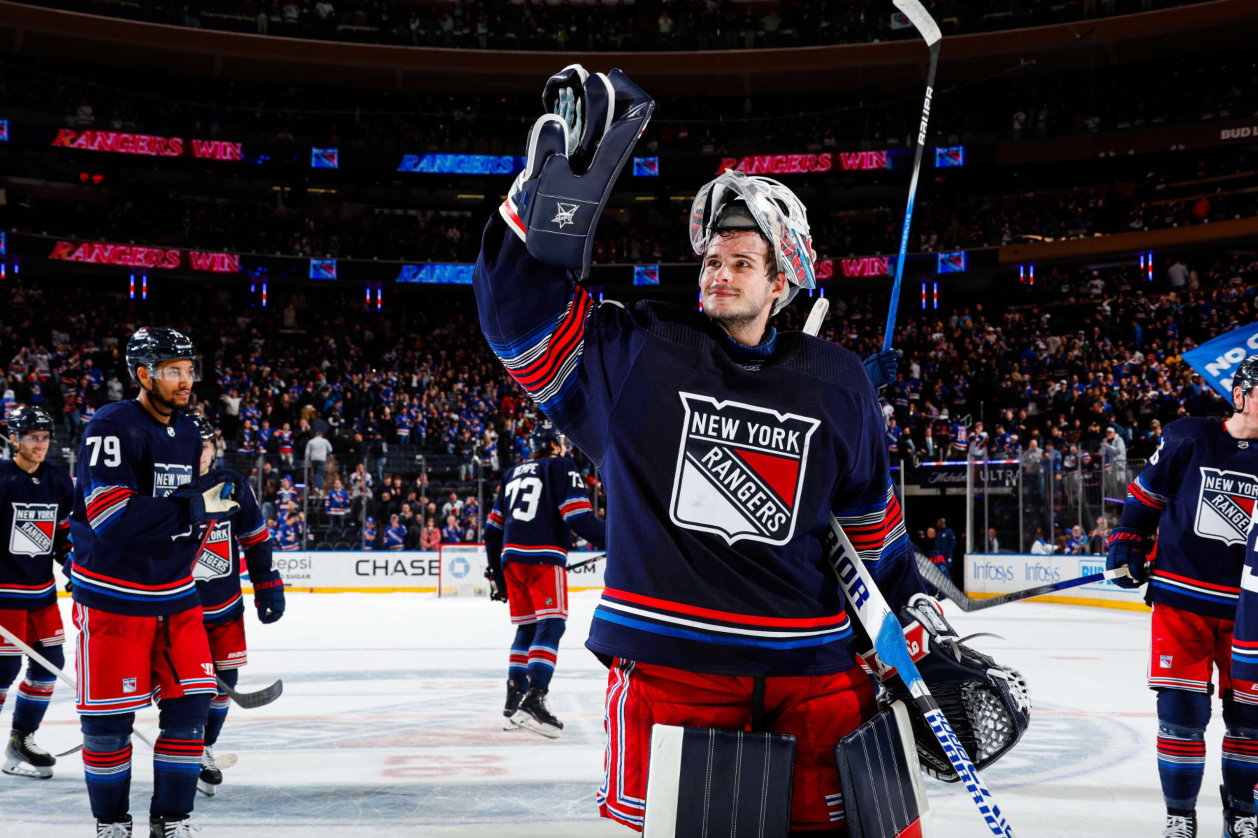 NEW YORK, NEW YORK - MARCH 23:  Igor Shesterkin #31 of the New York Rangers celebrates after a 4-3 shootout win against the Florida Panthers at Madison Square Garden on March 23, 2024 in New York City. (Photo by Jared Silber/NHLI via Getty Images)