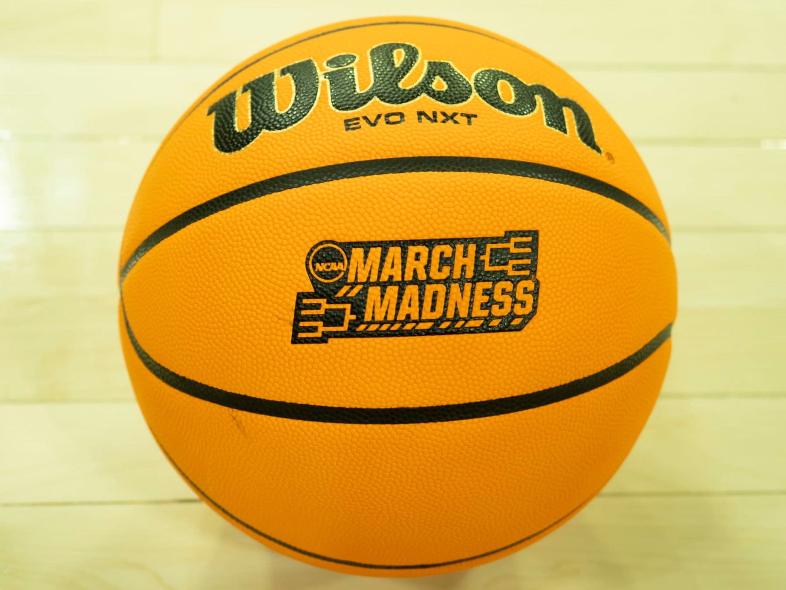 SOUTH BEND, IN - MARCH 23: A NCAA March Madness logo is pictured on a Wilson EVO NXT basketball before the game between the Kent State Golden Flashes  and the Notre Dame Fighting Irish in the first round of the NCAA Division I Women's Championship on March 23, 2024 at Purcell Pavilion in South Bend, Indiana. (Photo by Joseph Weiser/Icon Sportswire via Getty Images)