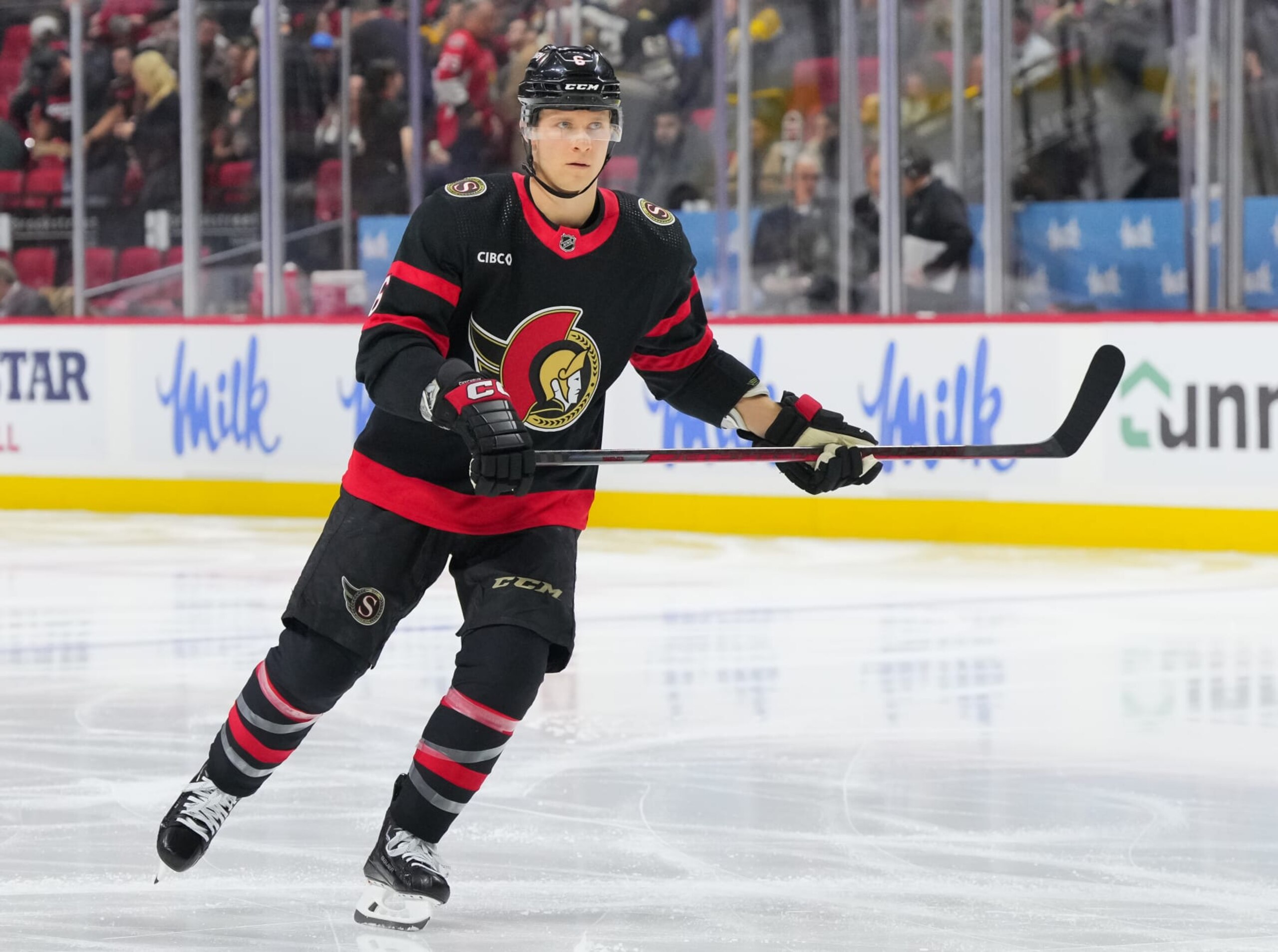 OTTAWA, CANADA - JANUARY 25: Jakob Chychrun #6 of the Ottawa Senators skates against the Boston Bruins at Canadian Tire Centre on January 25, 2024 in Ottawa, Ontario, Canada. (Photo by Chris Tanouye/Freestyle Photography/Getty Images)