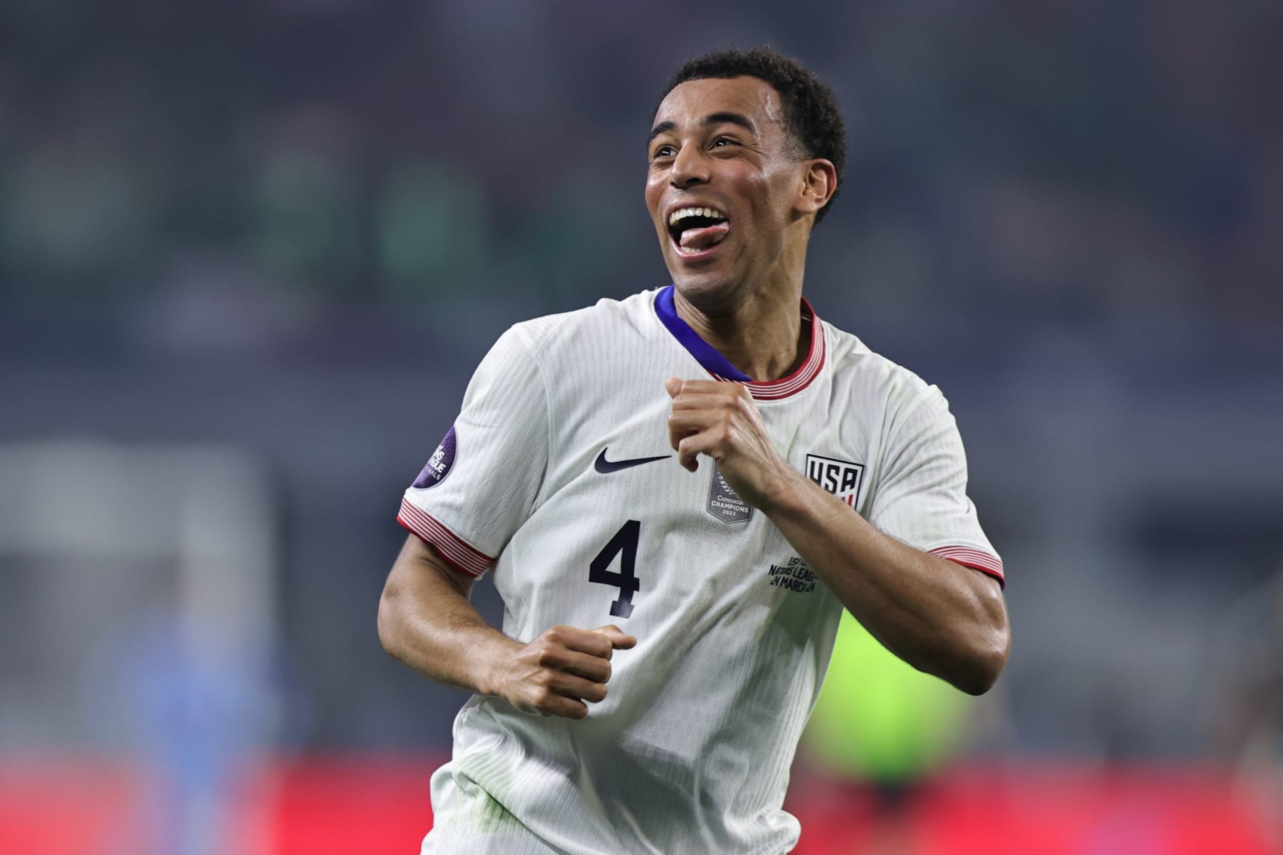 ARLINGTON, TEXAS - MARCH 24: Tyler Adams #4 of United States celebrates after scoring the team's first goal during Final - Concacaf Nations League match between Mexico and United States at AT&T Stadium on March 24, 2024 in Arlington, Texas. (Photo by Omar Vega/Getty Images)