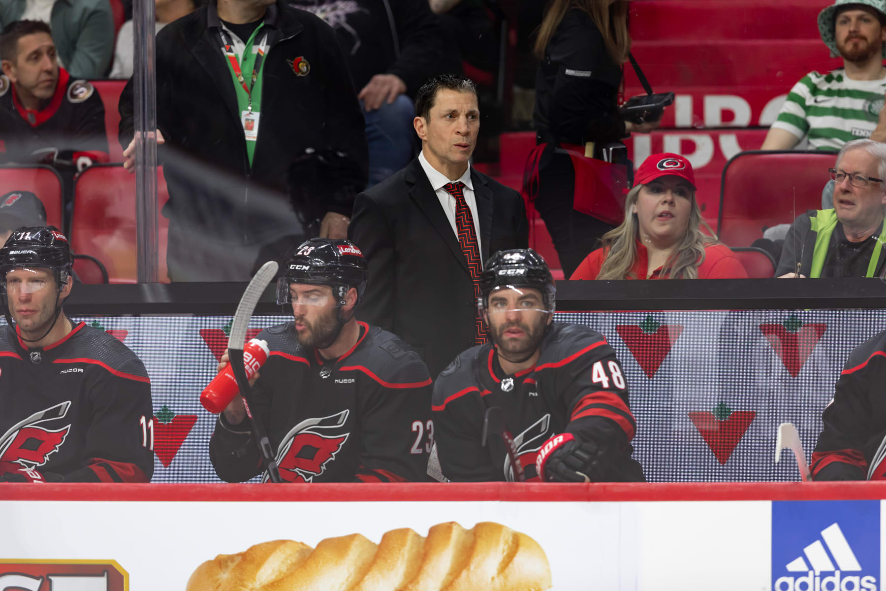 OTTAWA, ON - MARCH 17: Carolina Hurricanes Head Coach Rod Brind'Amour during second period National Hockey League action between the Carolina Hurricanes and Ottawa Senators on March 17, 2024, at Canadian Tire Centre in Ottawa, ON, Canada. (Photo by Richard A. Whittaker/Icon Sportswire via Getty Images)