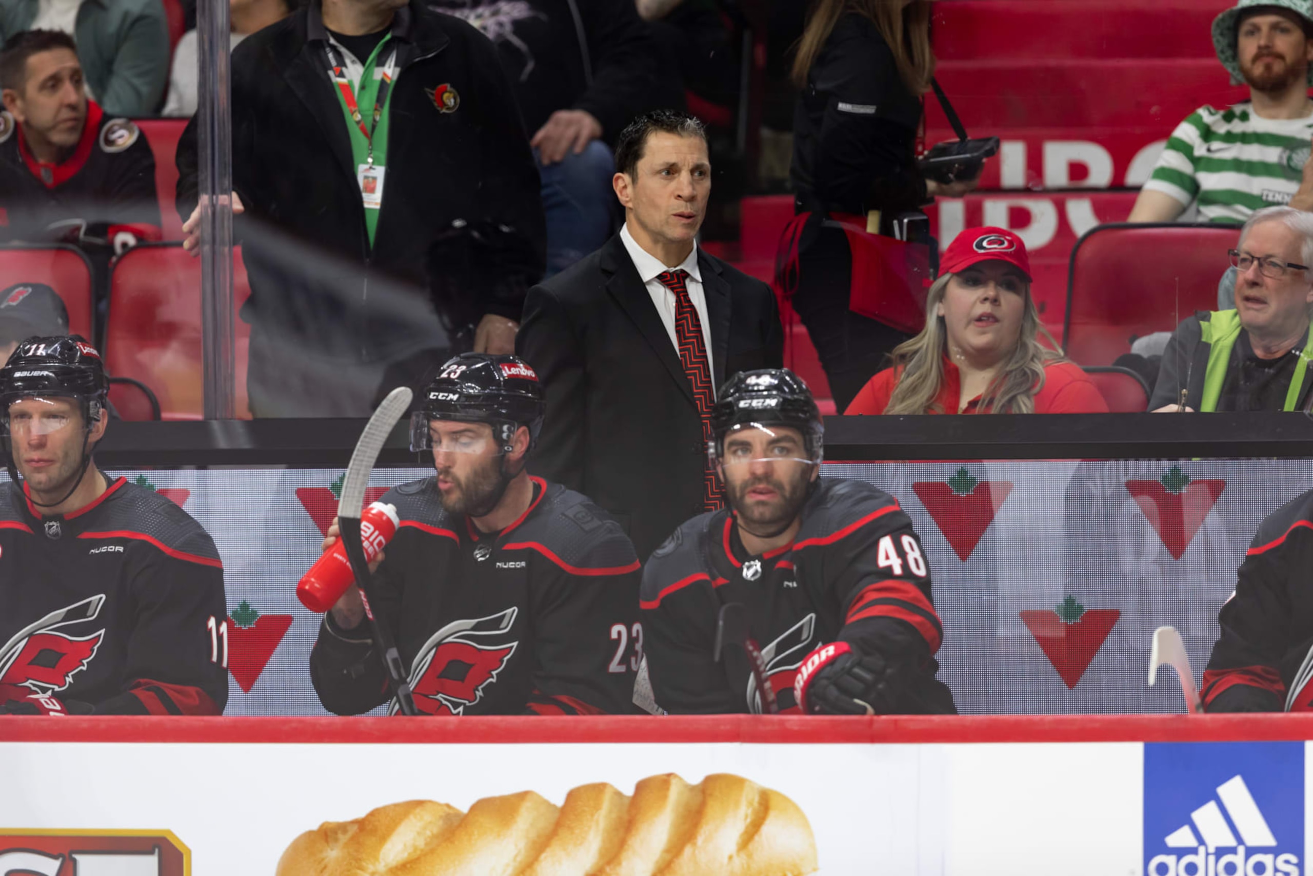 OTTAWA, ON - MARCH 17: Carolina Hurricanes Head Coach Rod Brind'Amour during second period National Hockey League action between the Carolina Hurricanes and Ottawa Senators on March 17, 2024, at Canadian Tire Centre in Ottawa, ON, Canada. (Photo by Richard A. Whittaker/Icon Sportswire via Getty Images)