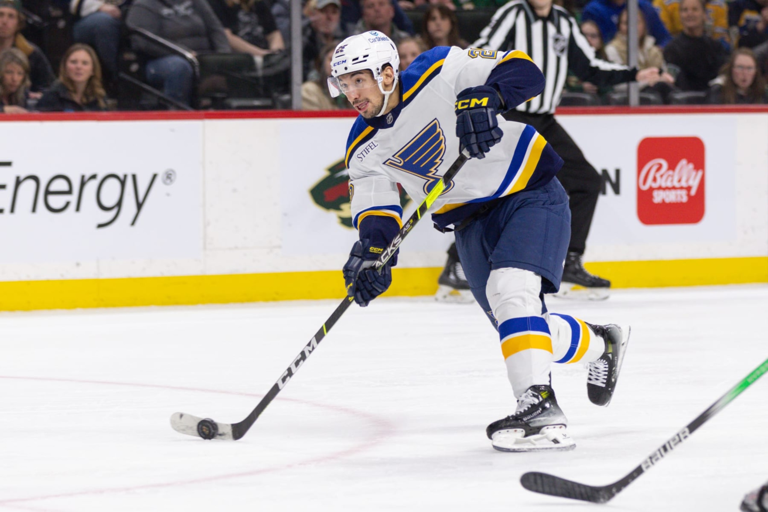 SAINT PAUL, MN - MARCH 23: St. Louis Blues center Jordan Kyrou (25) shoots the puck during the third period of an NHL game between the St. Louis Blues and Minnesota Wild on March 23, 2024, at the Xcel Energy Center in Saint Paul, MN. (Photo by Bailey Hillesheim/Icon Sportswire via Getty Images)