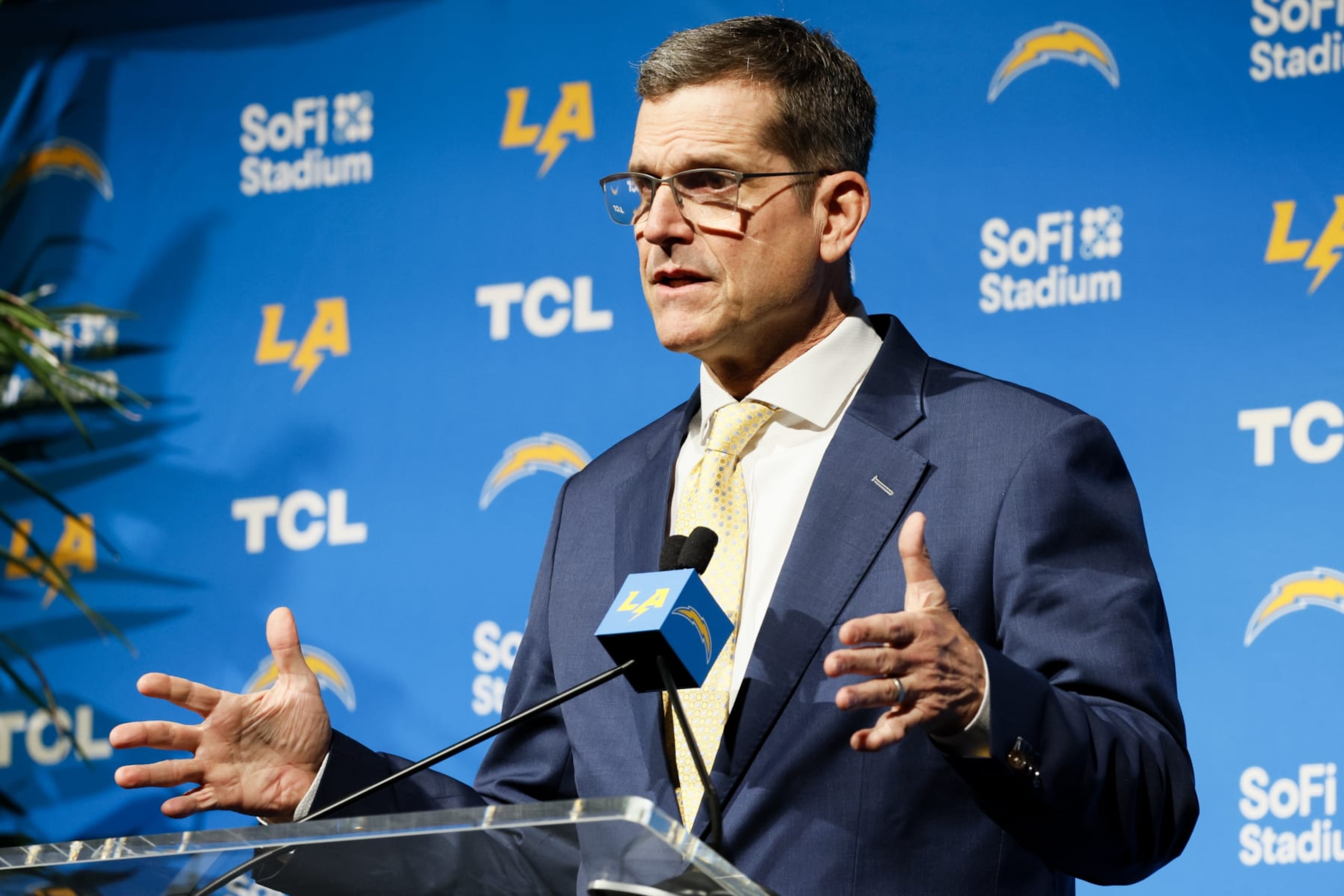 INGLEWOOD, CA - FEBRUARY 01: New Los Angeles Chargers Head Coach Jim Harbaugh speaks during his introductory press conference for at YouTube Theater in Inglewood Thursday, Feb. 1, 2024. (Allen J. Schaben / Los Angeles Times via Getty Images)