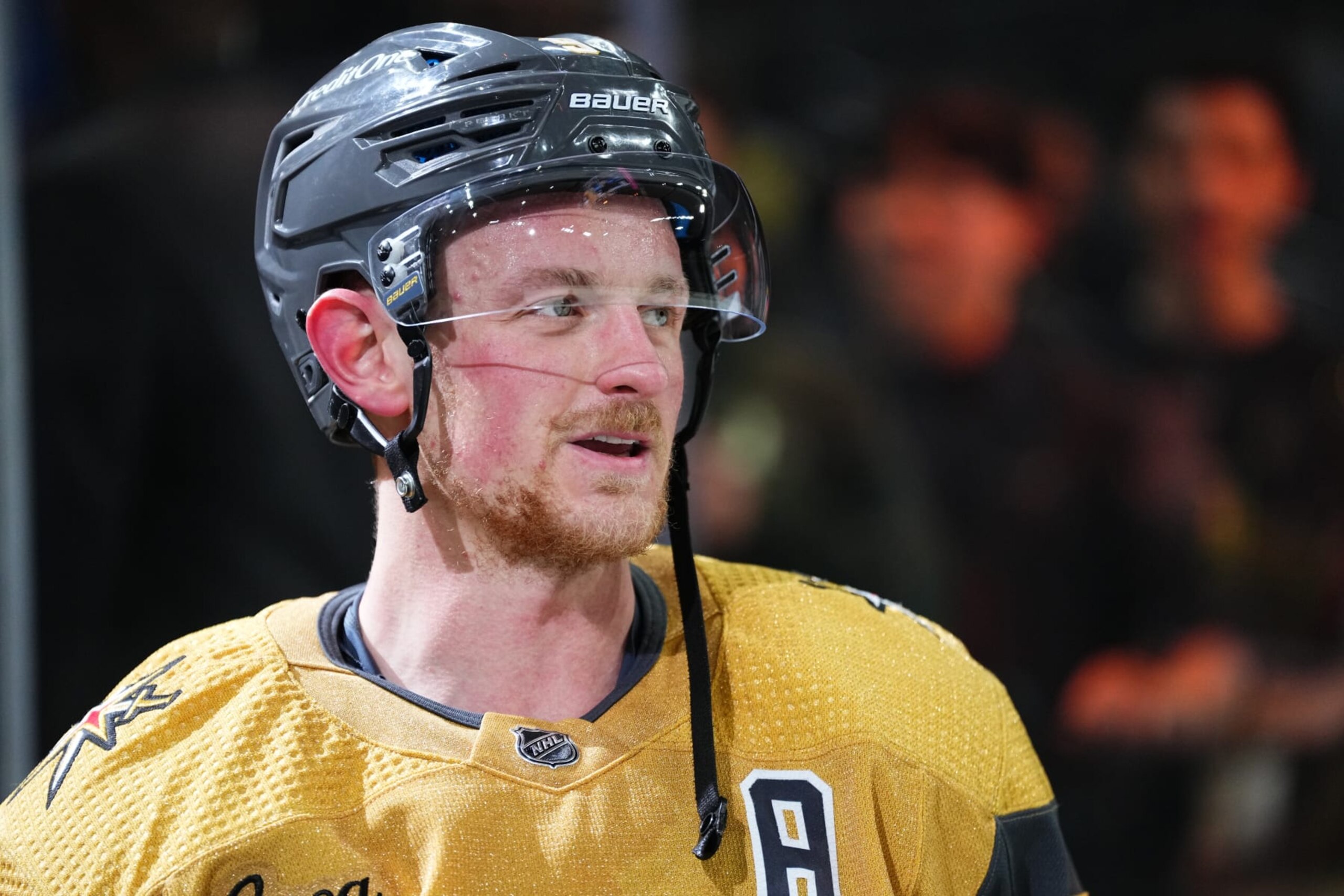 LAS VEGAS, NEVADA - MARCH 23: Jack Eichel #9 of the Vegas Golden Knights reacts after a 4-2 victory against the Columbus Blue Jackets at T-Mobile Arena on March 23, 2024 in Las Vegas, Nevada. (Photo by Jeff Bottari/NHLI via Getty Images)