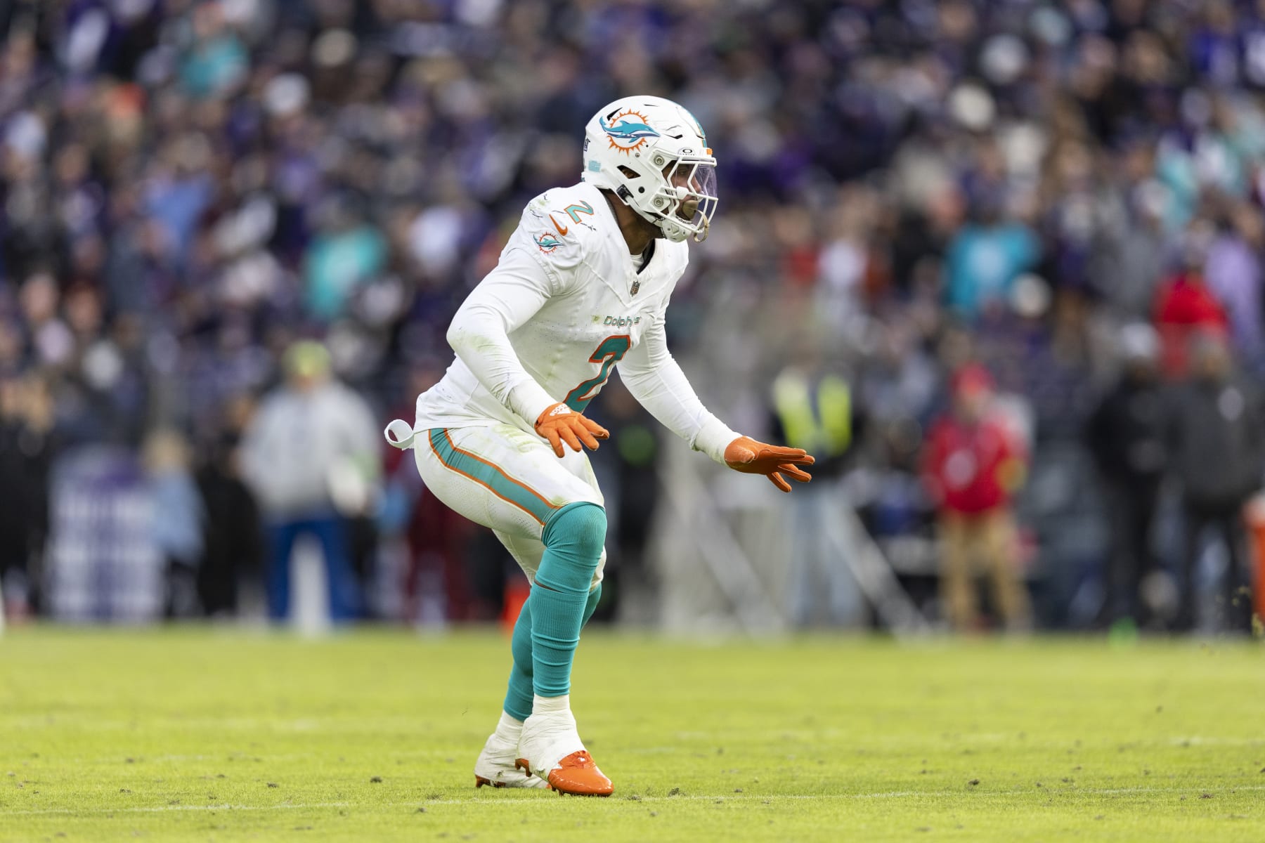 BALTIMORE, MARYLAND - DECEMBER 31: Bradley Chubb #2 of the Miami Dolphins defends during an NFL football game between the Baltimore Ravens and the Miami Dolphins at M&T Bank Stadium on December 31, 2023 in Baltimore, Maryland. (Photo by Michael Owens/Getty Images)