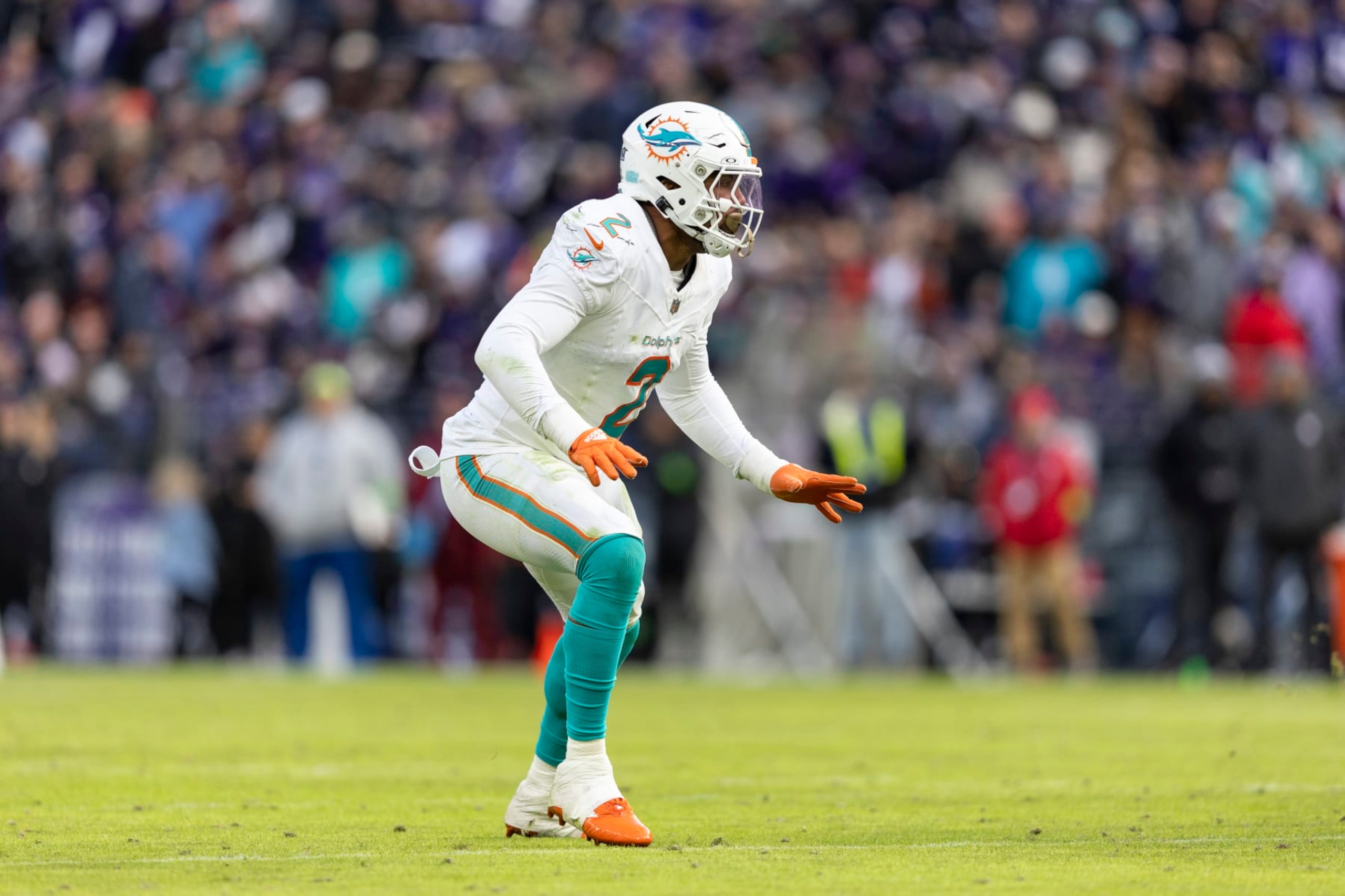 BALTIMORE, MARYLAND - DECEMBER 31: Bradley Chubb #2 of the Miami Dolphins defends during an NFL football game between the Baltimore Ravens and the Miami Dolphins at M&T Bank Stadium on December 31, 2023 in Baltimore, Maryland. (Photo by Michael Owens/Getty Images)