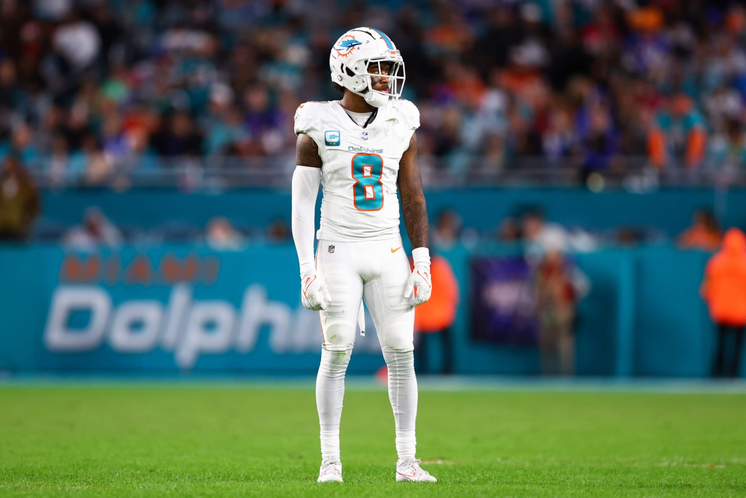 MIAMI GARDENS, FLORIDA - JANUARY 07: Jevon Holland #8 of the Miami Dolphins looks on during the second half against the Buffalo Bills at Hard Rock Stadium on January 07, 2024 in Miami Gardens, Florida. (Photo by Megan Briggs/Getty Images)