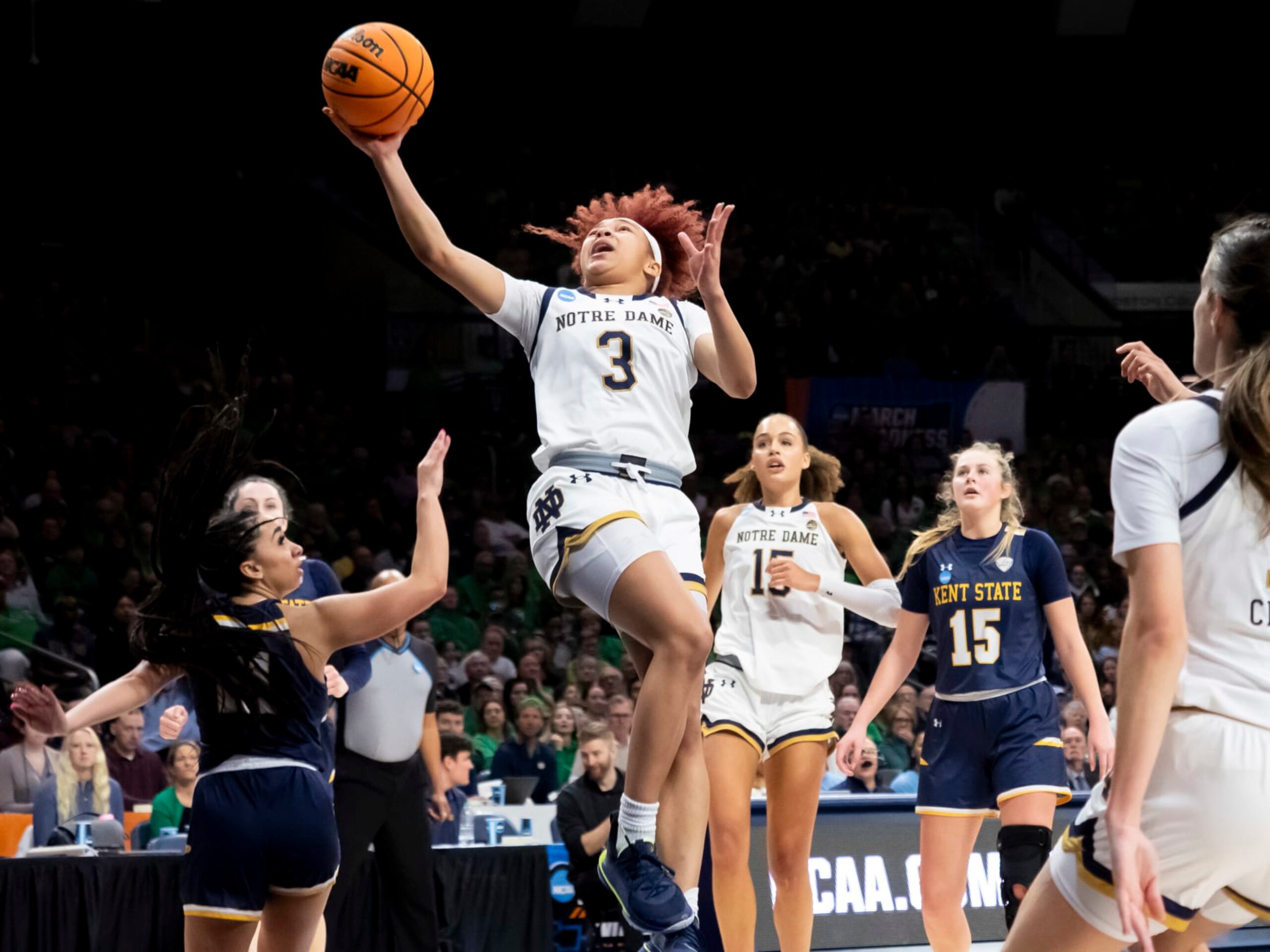 SOUTH BEND, IN - MARCH 23: Notre Dame Fighting Irish guard Hannah Hidalgo (3) goes up for a layup during the game between the Kent State Golden Flashes  and the Notre Dame Fighting Irish in the first round of the NCAA Division I Women's Championship on March 23, 2024 at Purcell Pavilion in South Bend, Indiana. (Photo by Joseph Weiser/Icon Sportswire via Getty Images)
