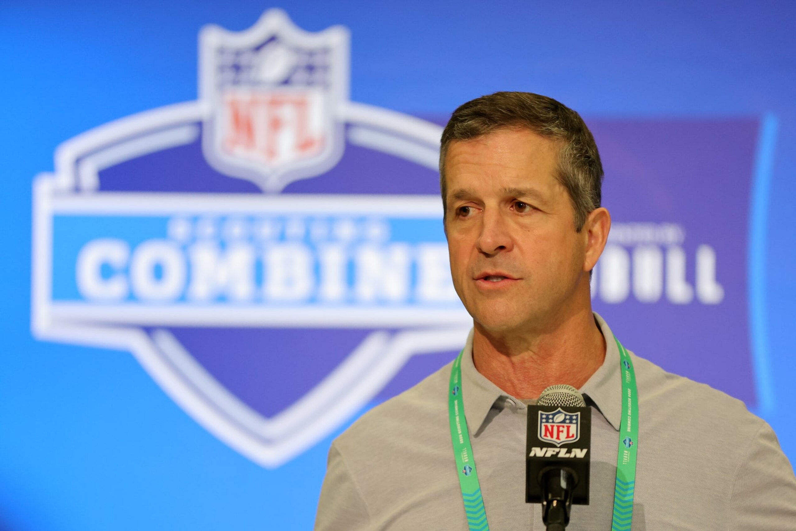 INDIANAPOLIS, INDIANA - FEBRUARY 27: Head coach John Harbaugh of the Baltimore Ravens speaks to the media during the NFL Combine at the Indiana Convention Center on February 27, 2024 in Indianapolis, Indiana. (Photo by Stacy Revere/Getty Images)