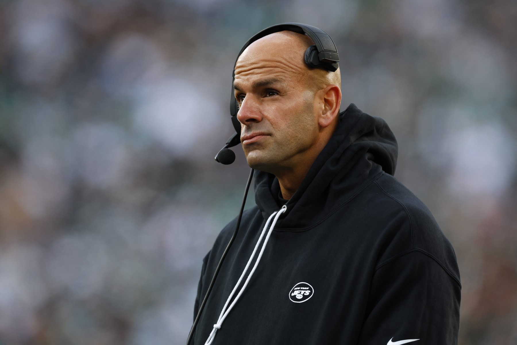 EAST RUTHERFORD, NEW JERSEY - NOVEMBER 24: Head coach Robert Saleh of the New York Jets on the sidelines during a football game against the Miami Dolphins at MetLife Stadium on November 24, 2023 in East Rutherford, New Jersey. (Photo by Rich Schultz/Getty Images)