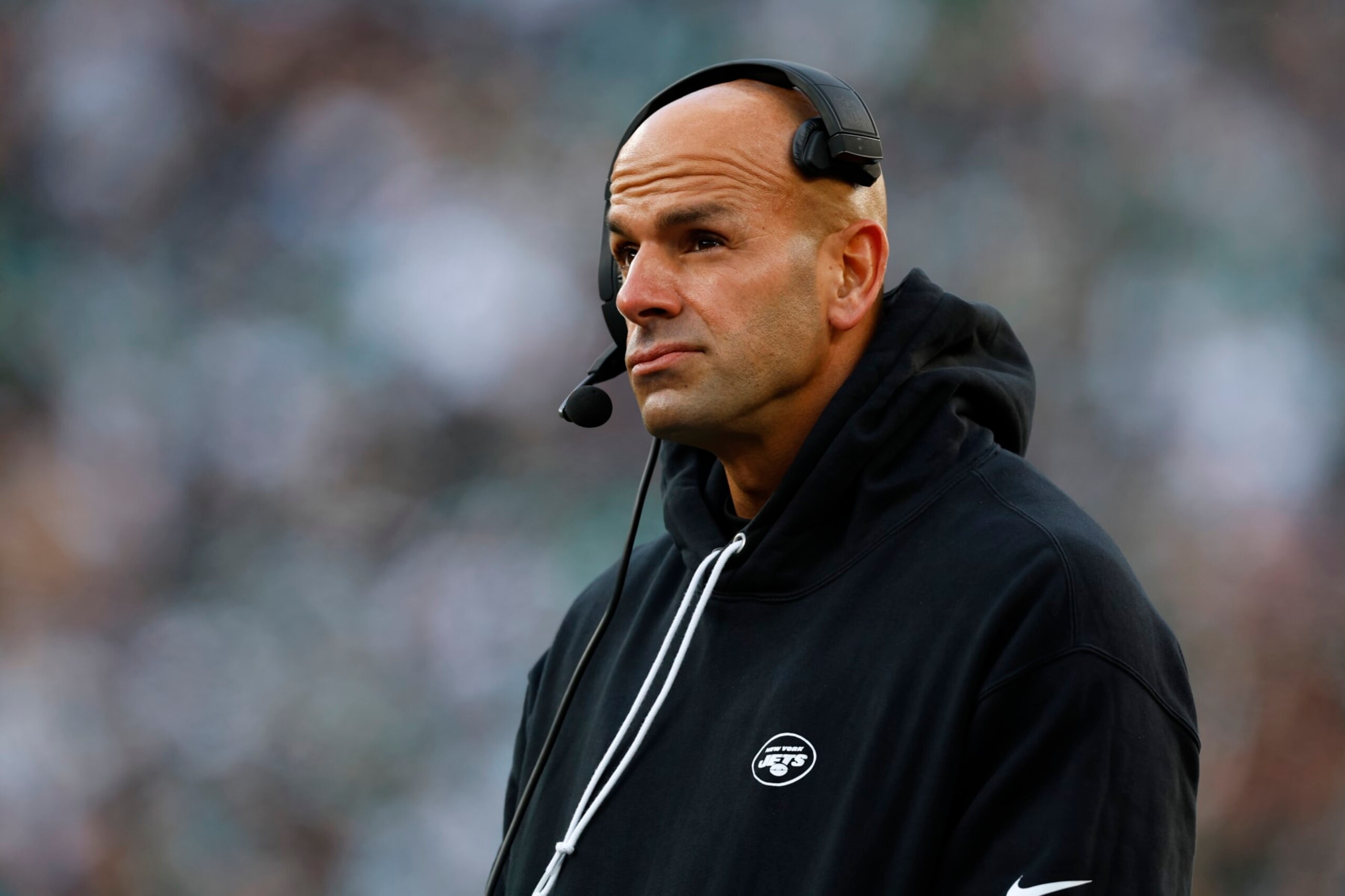 EAST RUTHERFORD, NEW JERSEY - NOVEMBER 24: Head coach Robert Saleh of the New York Jets on the sidelines during a football game against the Miami Dolphins at MetLife Stadium on November 24, 2023 in East Rutherford, New Jersey. (Photo by Rich Schultz/Getty Images)