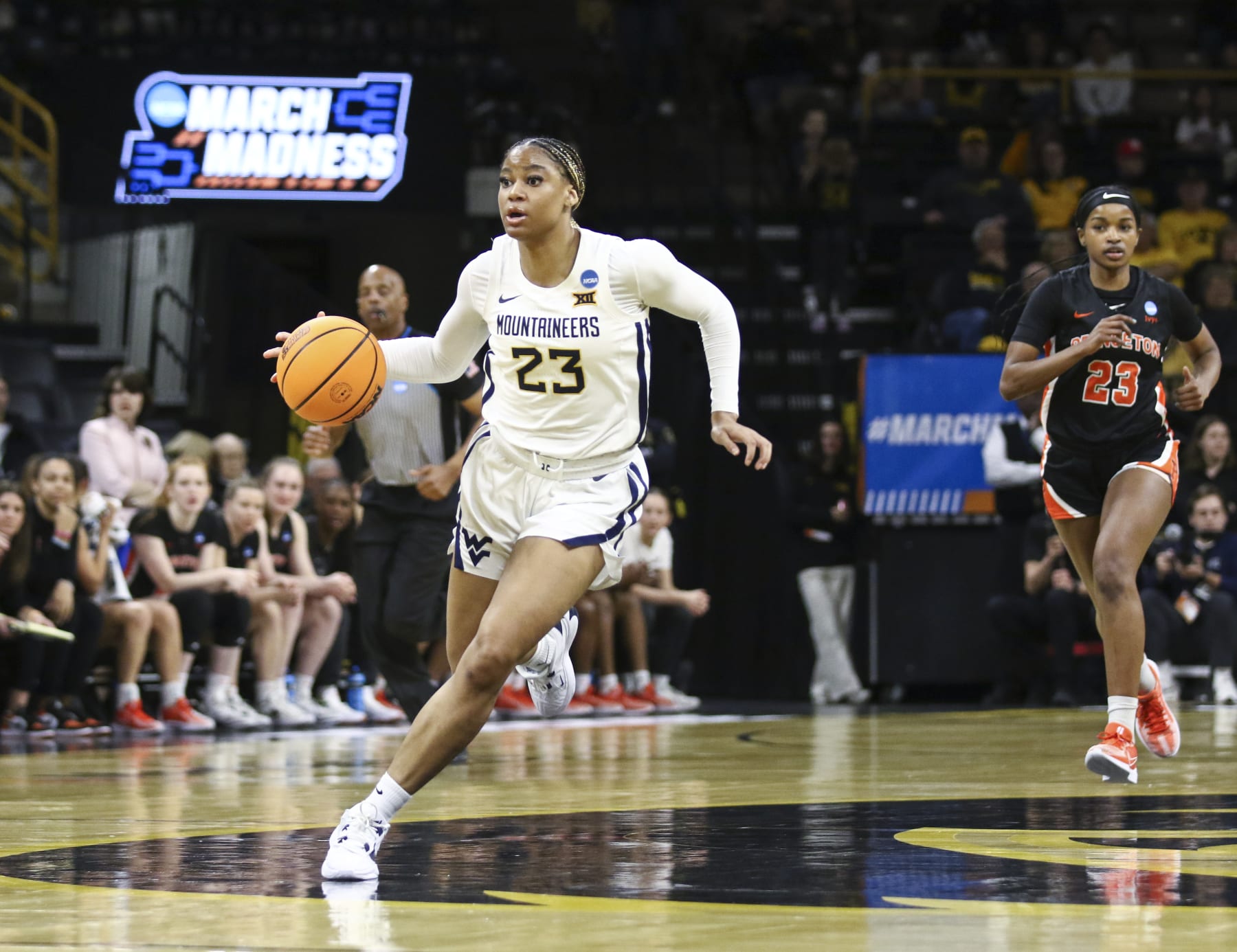 IOWA CITY, IOWA- MARCH 23:  Guard Lauren Fields #23 of the West Virginia Mountaineers drives drown the court during the second half against the Princeton Tigers during their match-up in the 2024 NCAA Division 1 Women's Basketball Championship at Carver-Hawkeye Arena on March 23, 2024 in Iowa City, Iowa.  (Photo by Matthew Holst/Getty Images)