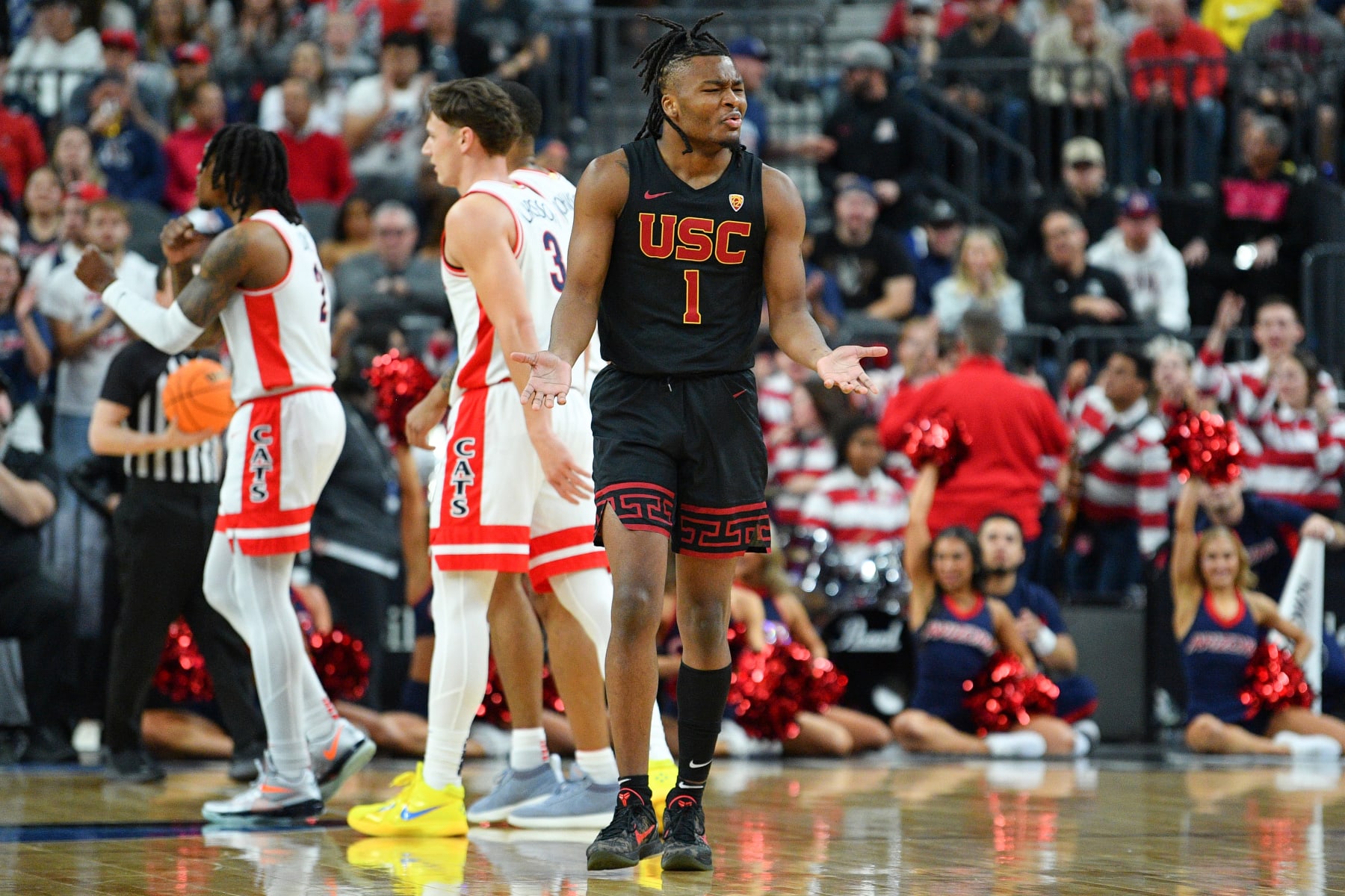 LAS VEGAS, NV - MARCH 14: USC Trojans guard Isaiah Collier (1) reacts to a traveling call during the quarterfinal game of the men's Pac-12 Tournament  between the USC Trojans and the Arizona Wildcats on March 14, 2024, at the T-Mobile Arena in Las Vegas, NV. (Photo by Brian Rothmuller/Icon Sportswire via Getty Images)