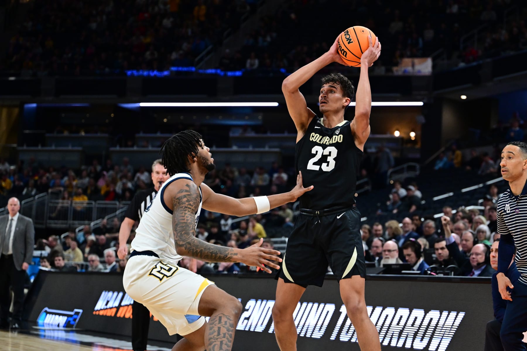 INDIANAPOLIS, INDIANA - MARCH 24: Tristan da Silva #23 of the Colorado Buffaloes looks to pass the ball against the Marquette Golden Eagles during the second round of the 2024 NCAA Men's Basketball Tournament held at Gainbridge Fieldhouse on March 24, 2024 in Indianapolis, Indiana. (Photo by Ben Solomon/NCAA Photos via Getty Images)