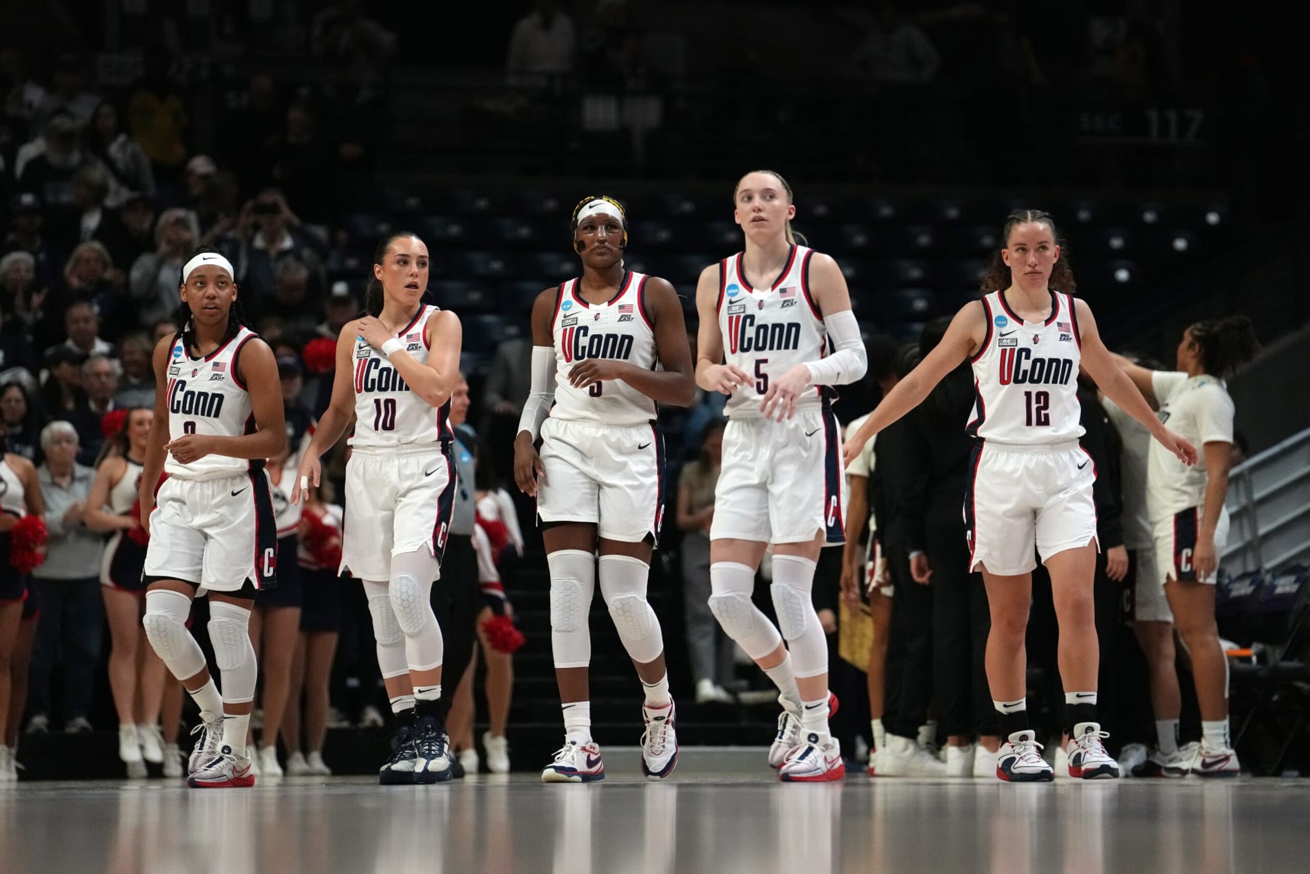 STORRS, CONNECTICUT - MARCH 23: The Connecticut Huskies starting five takes the court before first round NCAA Women's Basketball Tournament game between the the Connecticut Huskies and Jackson State Tigers at the Harry A. Gampel Pavilion on March 23, 2024 in Storrs, Connecticut. The Huskies defeated the Tigers 86-64. (Photo by Joe Buglewicz/Getty Images)
