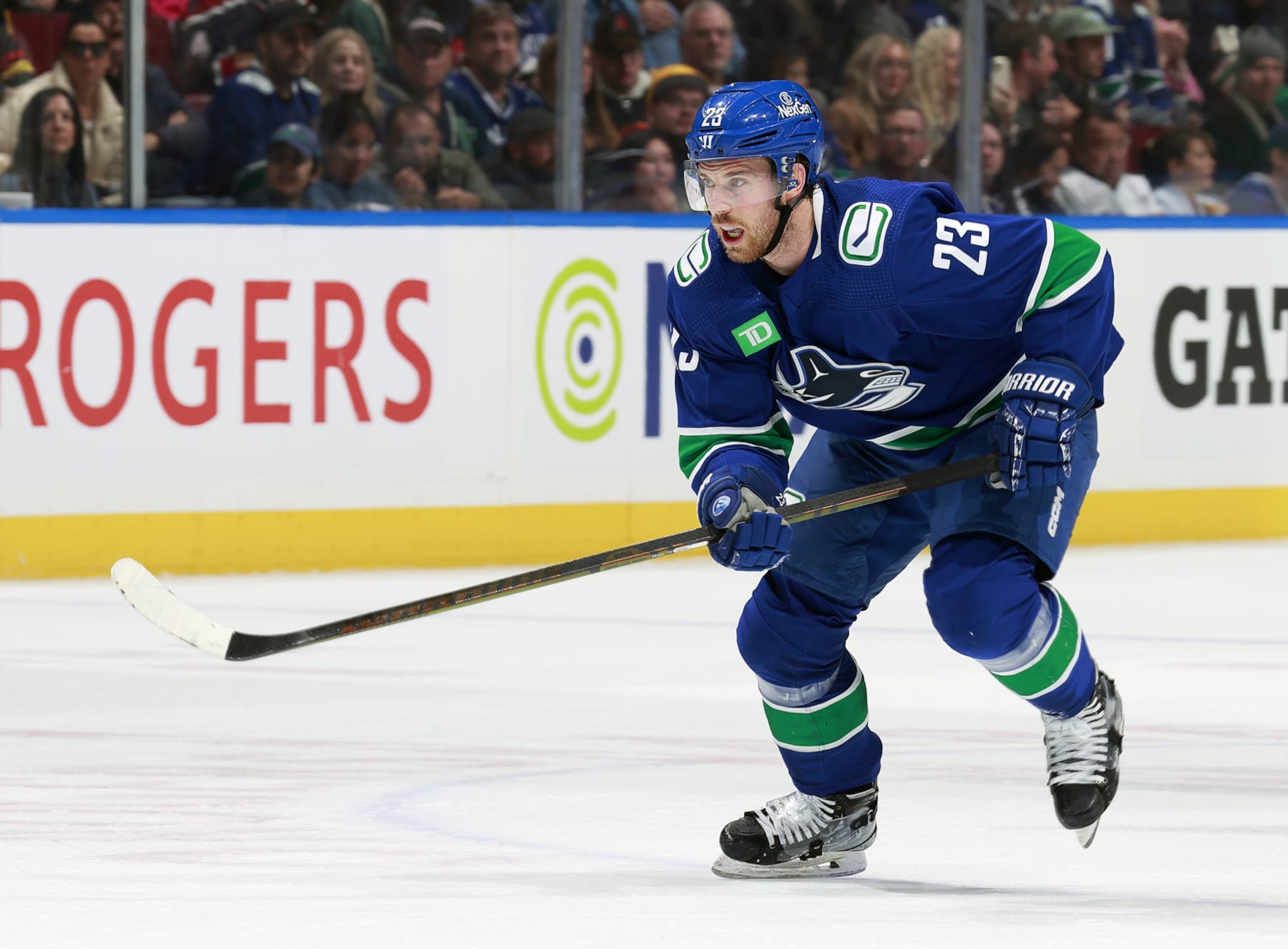VANCOUVER, CANADA - MARCH 13: Elias Lindholm #23 of the Vancouver Canucks skates up ice during their NHL game against the Colorado Avalanche at Rogers Arena on March 13, 2024 in Vancouver, British Columbia, Canada. (Photo by Jeff Vinnick/NHLI via Getty Images) VANCOUVER, CANADA - MARCH 13: Elias Lindholm #23 of the Vancouver Canucks skates up ice during their NHL game against the Colorado Avalanche at Rogers Arena on March 13, 2024 in Vancouver, British Columbia, Canada. (Photo by Jeff Vinnick/NHLI via Getty Images)