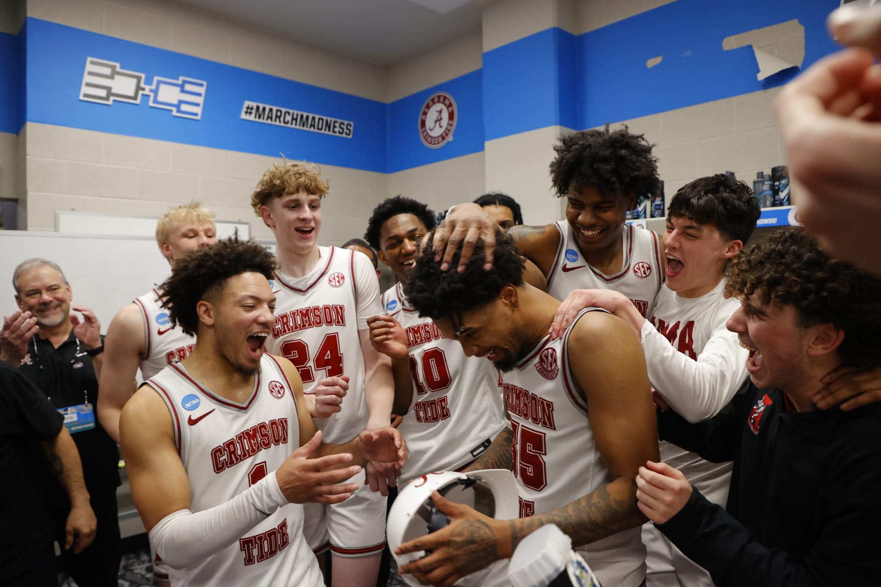 SPOKANE, WASHINGTON - MARCH 24: Alabama Crimson Tide celebrate their 72-61 win over Grand Canyon Antelopes during the second round of the 2024 NCAA Men's Basketball Tournament held at Spokane Veterans Memorial Arena on March 24, 2024 in Spokane, Washington. (Photo by C. Morgan Engel/NCAA Photos via Getty Images)