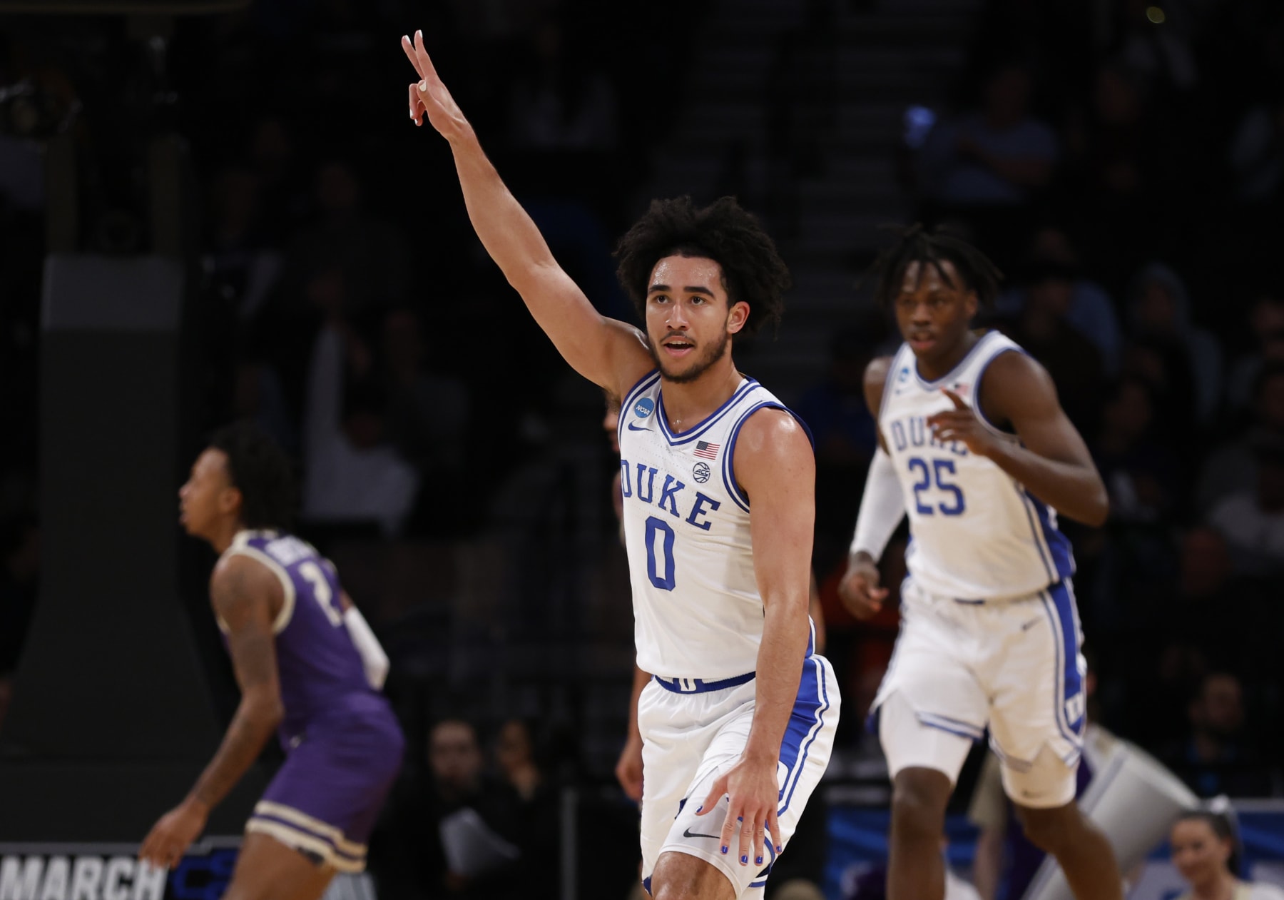 NEW YORK, NEW YORK - MARCH 24: Jared McCain #0 of the Duke Blue Devils reacts during the first half against the James Madison Dukes in the second round of the NCAA Men's Basketball Tournament at Barclays Center on March 24, 2024 in New York City. (Photo by Sarah Stier/Getty Images)