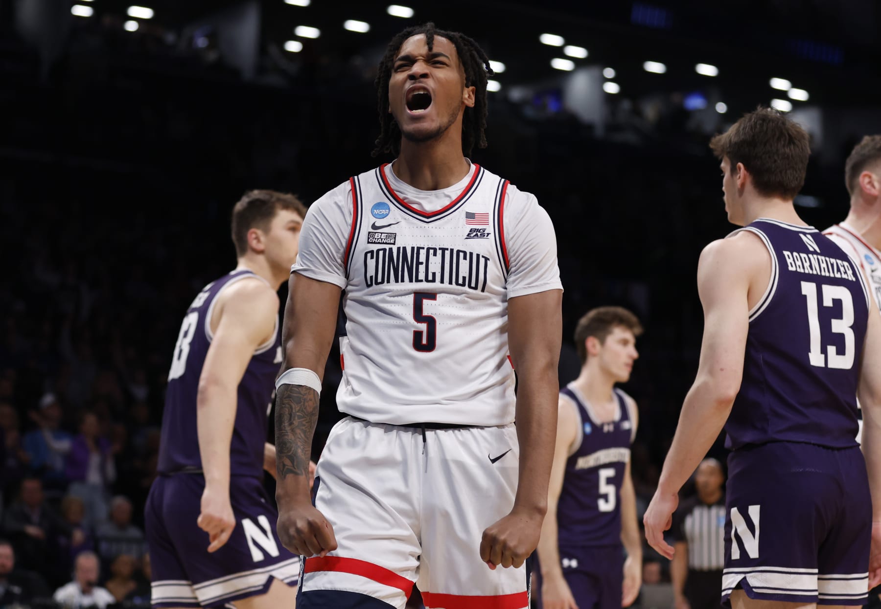 NEW YORK, NEW YORK - MARCH 24: Stephon Castle #5 of the Connecticut Huskies reacts during the first half against the Northwestern Wildcats in the second round of the NCAA Men's Basketball Tournament at Barclays Center on March 24, 2024 in New York City. (Photo by Sarah Stier/Getty Images)