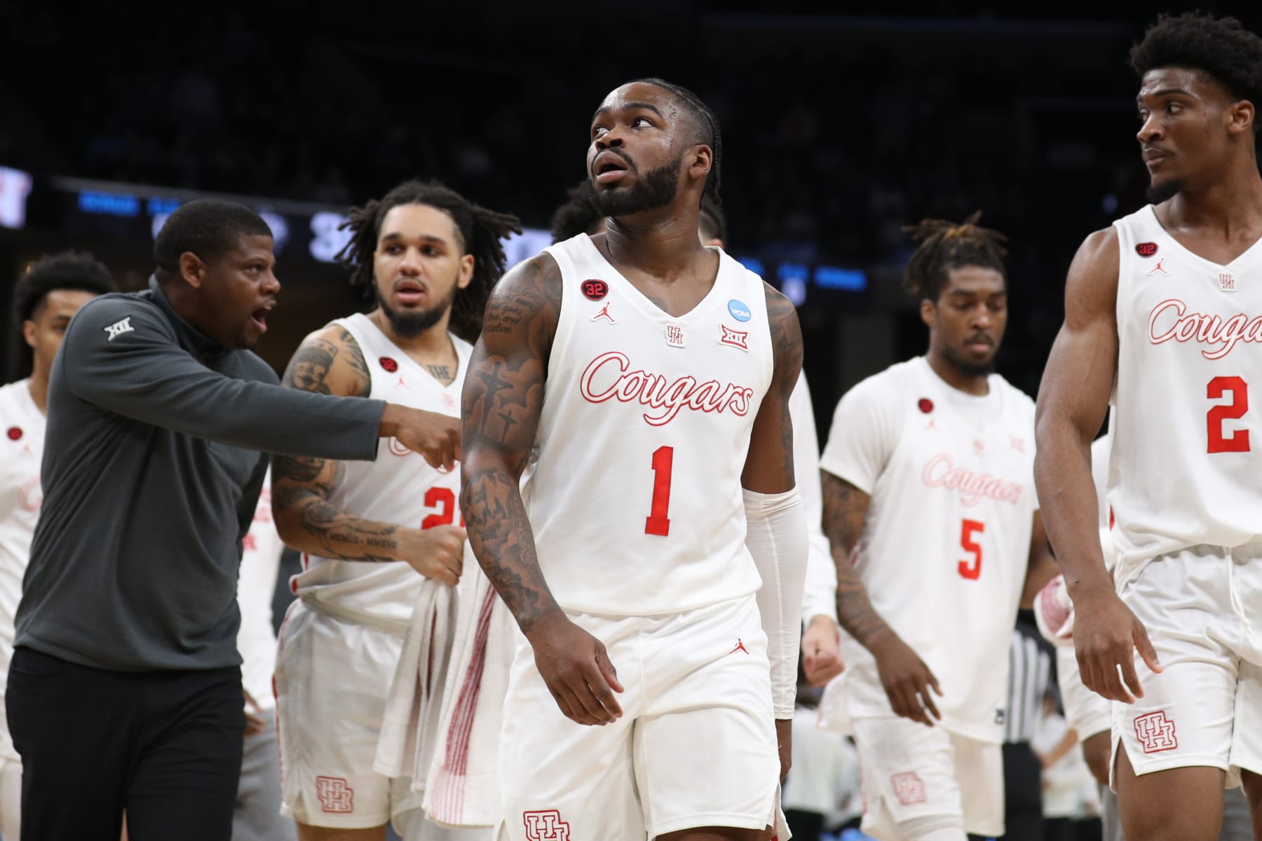 MEMPHIS, TENNESSEE - MARCH 24: Jamal Shead #1 of the Houston Cougars leaves the court at the end of the first half against the Texas A&M Aggies in the second round of the NCAA Men's Basketball Tournament at FedExForum on March 24, 2024 in Memphis, Tennessee. (Photo by Justin Ford/Getty Images)