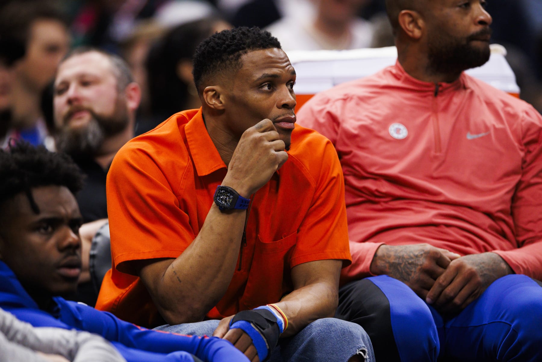 LOS ANGELES, CA - MARCH 12: LA Clippers guard Russell Westbrook (0) on the bench during an NBA basketball game against the Minnesota Timberwolves on March 12, 2024 at Crypto.com Arena in Los Angeles, CA. (Photo by Ric Tapia/Icon Sportswire via Getty Images)
