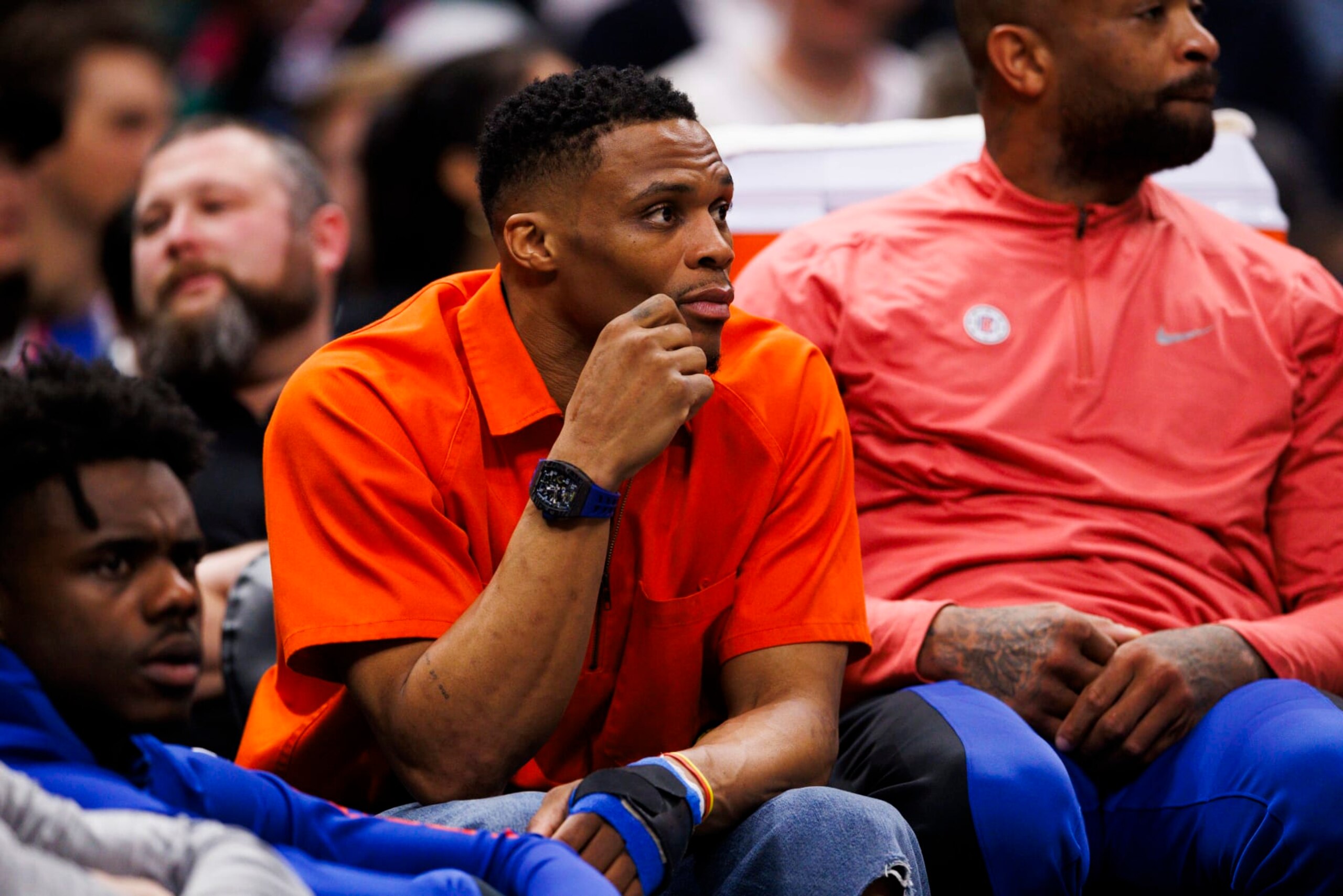 LOS ANGELES, CA - MARCH 12: LA Clippers guard Russell Westbrook (0) on the bench during an NBA basketball game against the Minnesota Timberwolves on March 12, 2024 at Crypto.com Arena in Los Angeles, CA. (Photo by Ric Tapia/Icon Sportswire via Getty Images)