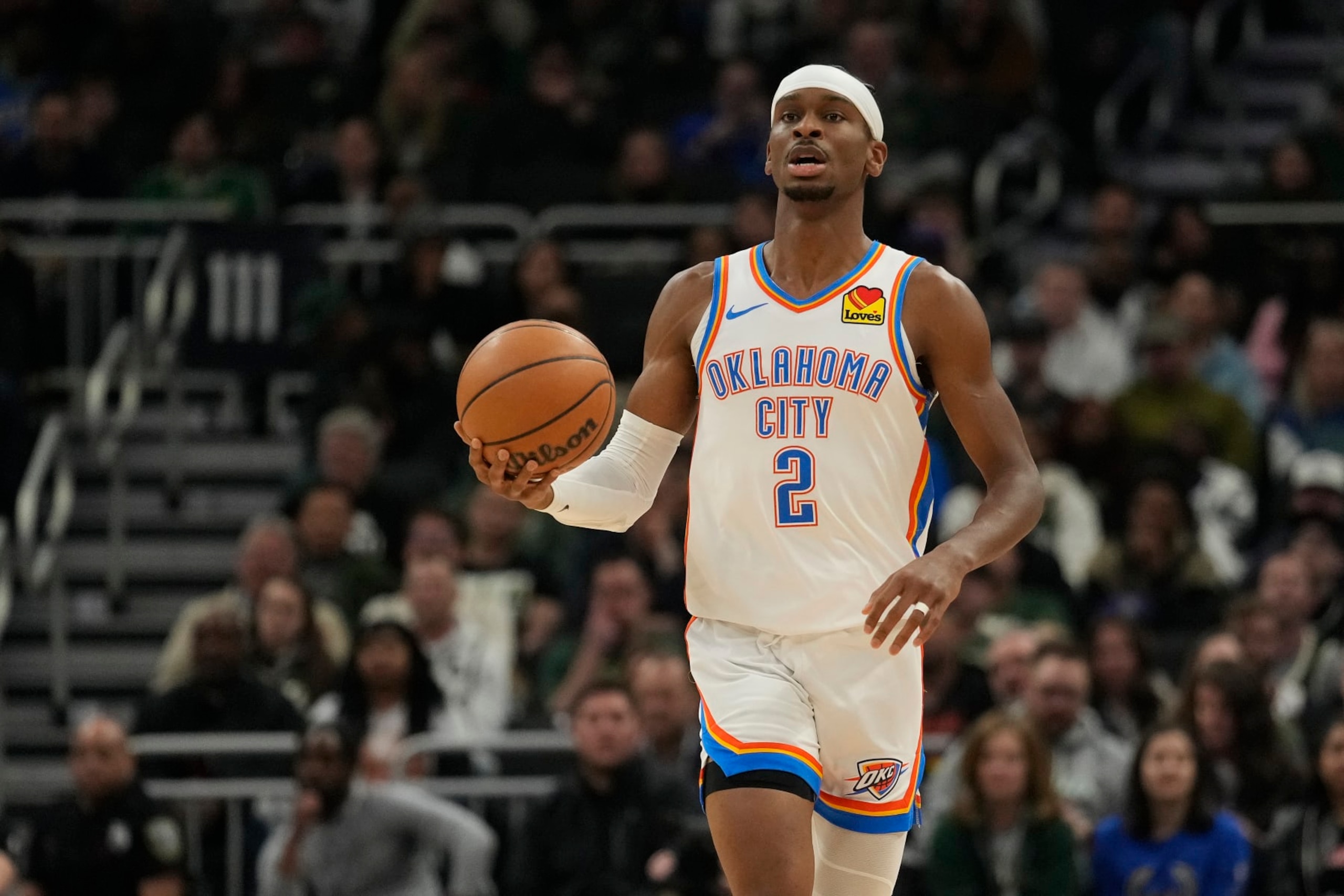 MILWAUKEE, WISCONSIN - MARCH 24: Shai Gilgeous-Alexander #2 of the Oklahoma City Thunder dribbles the ball during the first half against the Milwaukee Bucks at Fiserv Forum on March 24, 2024 in Milwaukee, Wisconsin. NOTE TO USER: User expressly acknowledges and agrees that, by downloading and or using this photograph, User is consenting to the terms and conditions of the Getty Images License Agreement. (Photo by Patrick McDermott/Getty Images) MILWAUKEE, WISCONSIN - MARCH 24: Shai Gilgeous-Alexander #2 of the Oklahoma City Thunder dribbles the ball during the first half against the Milwaukee Bucks at Fiserv Forum on March 24, 2024 in Milwaukee, Wisconsin. NOTE TO USER: User expressly acknowledges and agrees that, by downloading and or using this photograph, User is consenting to the terms and conditions of the Getty Images License Agreement. (Photo by Patrick McDermott/Getty Images)