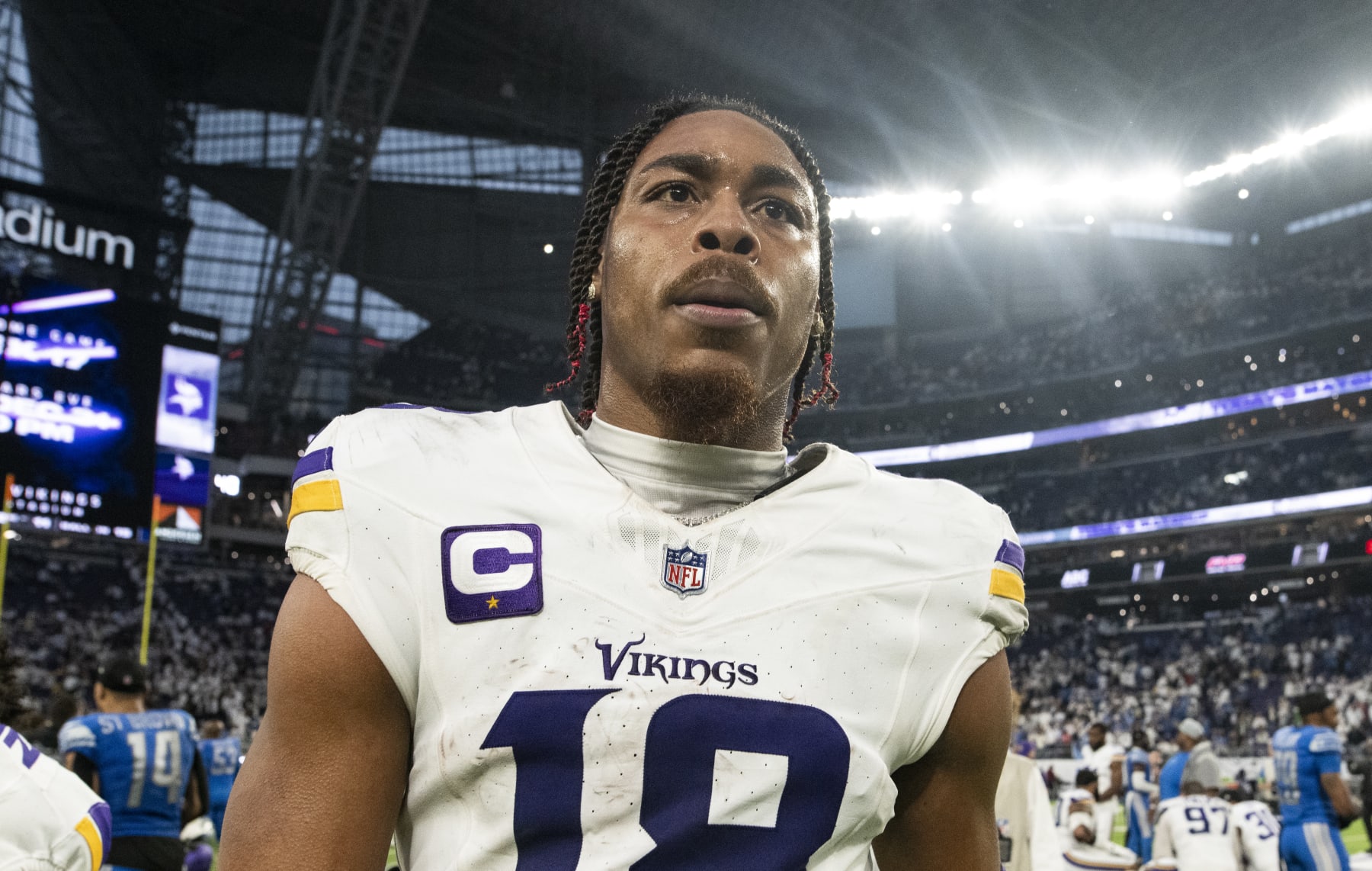 MINNEAPOLIS, MINNESOTA - DECEMBER 24: Justin Jefferson #18 of the Minnesota Vikings reacts after the game against the Detroit Lions at U.S. Bank Stadium on December 24, 2023 in Minneapolis, Minnesota. (Photo by Stephen Maturen/Getty Images)